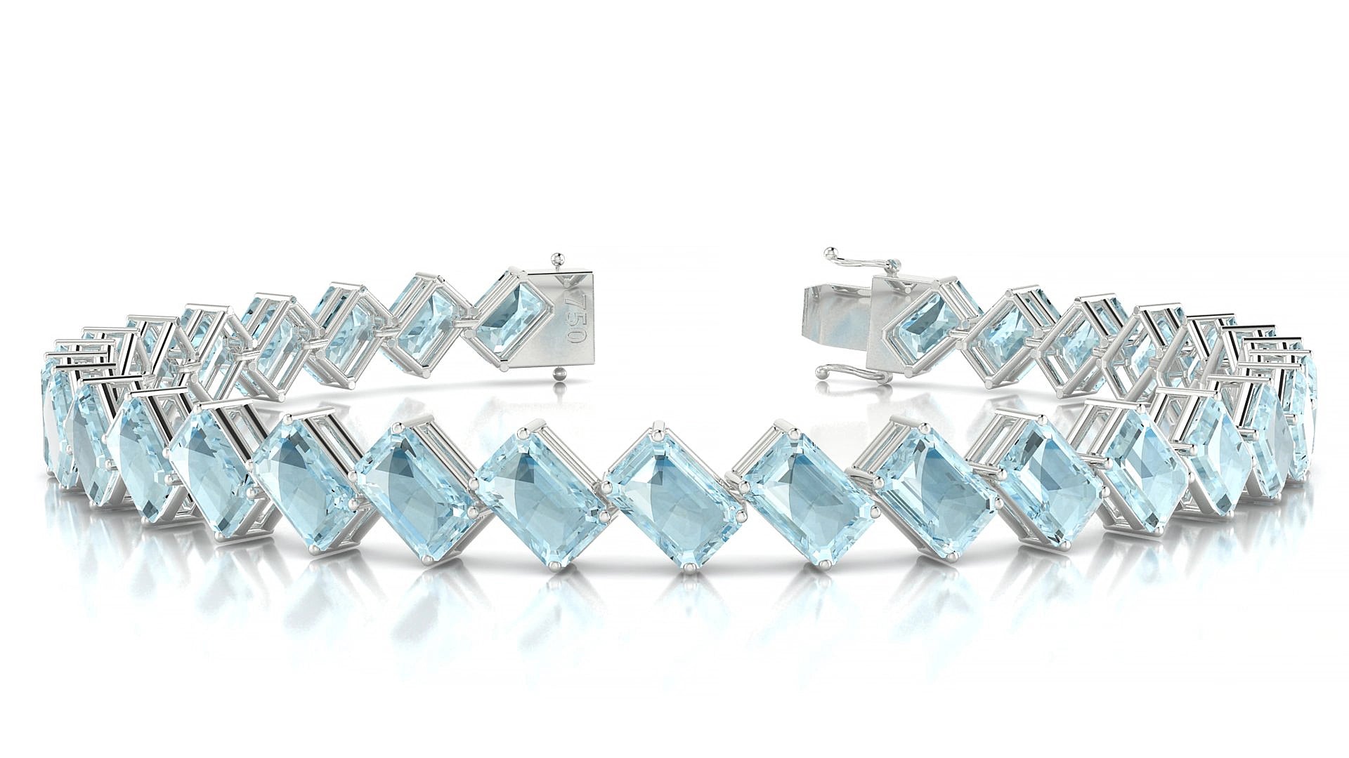 Bogotá | 18k White Gold 6 x 4 mm Emerald Natural Aquamarine 15 cm Tennis Bracelet
