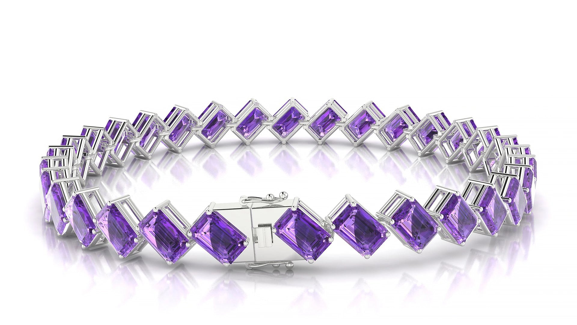Bogotá | 18k White Gold 6 x 4 mm Emerald Natural Amethyst 16 cm Tennis Bracelet
