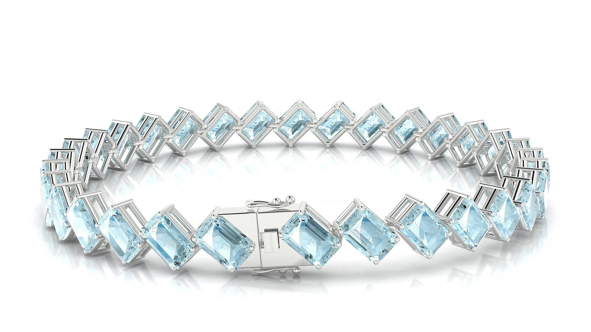 Bogotá | 18k White Gold 6 x 4 mm Emerald Natural Aquamarine 20 cm Tennis Bracelet