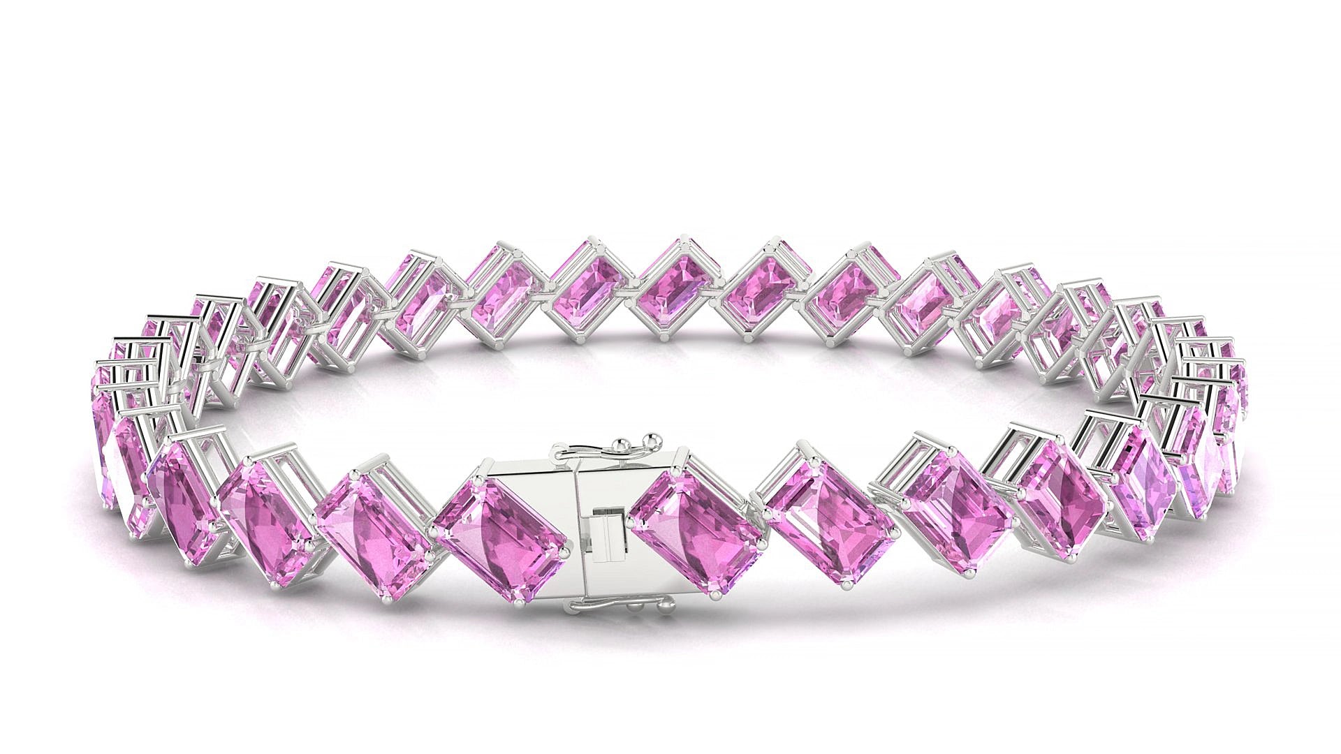 Bogotá | 18k White Gold 6 x 4 mm Emerald Natural Pink Sapphire 17 cm Tennis Bracelet