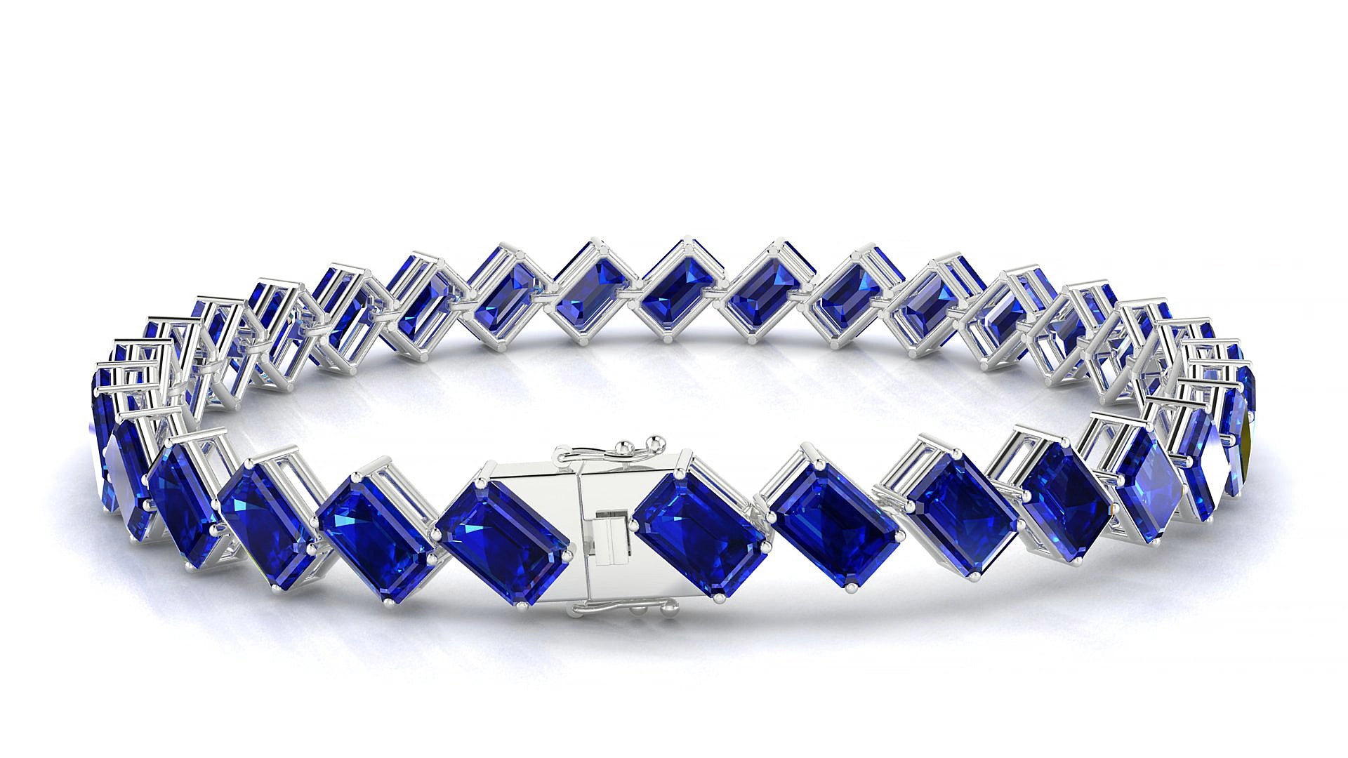 Bogotá | 18k White Gold 6 x 4 mm Emerald Natural Sapphire 17 cm Tennis Bracelet