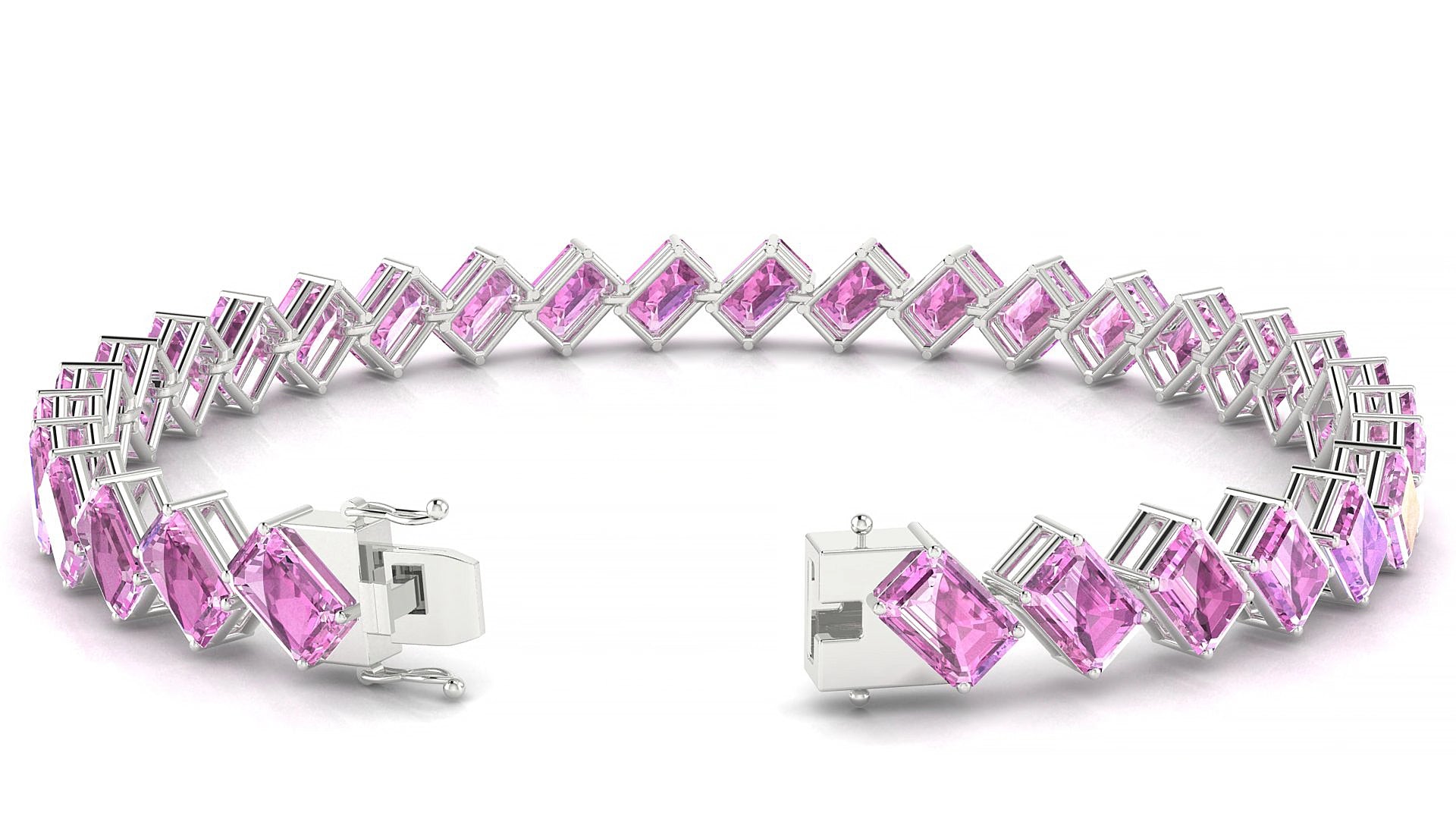 Bogotá | 18k White Gold 6 x 4 mm Emerald Natural Pink Sapphire 15 cm Tennis Bracelet