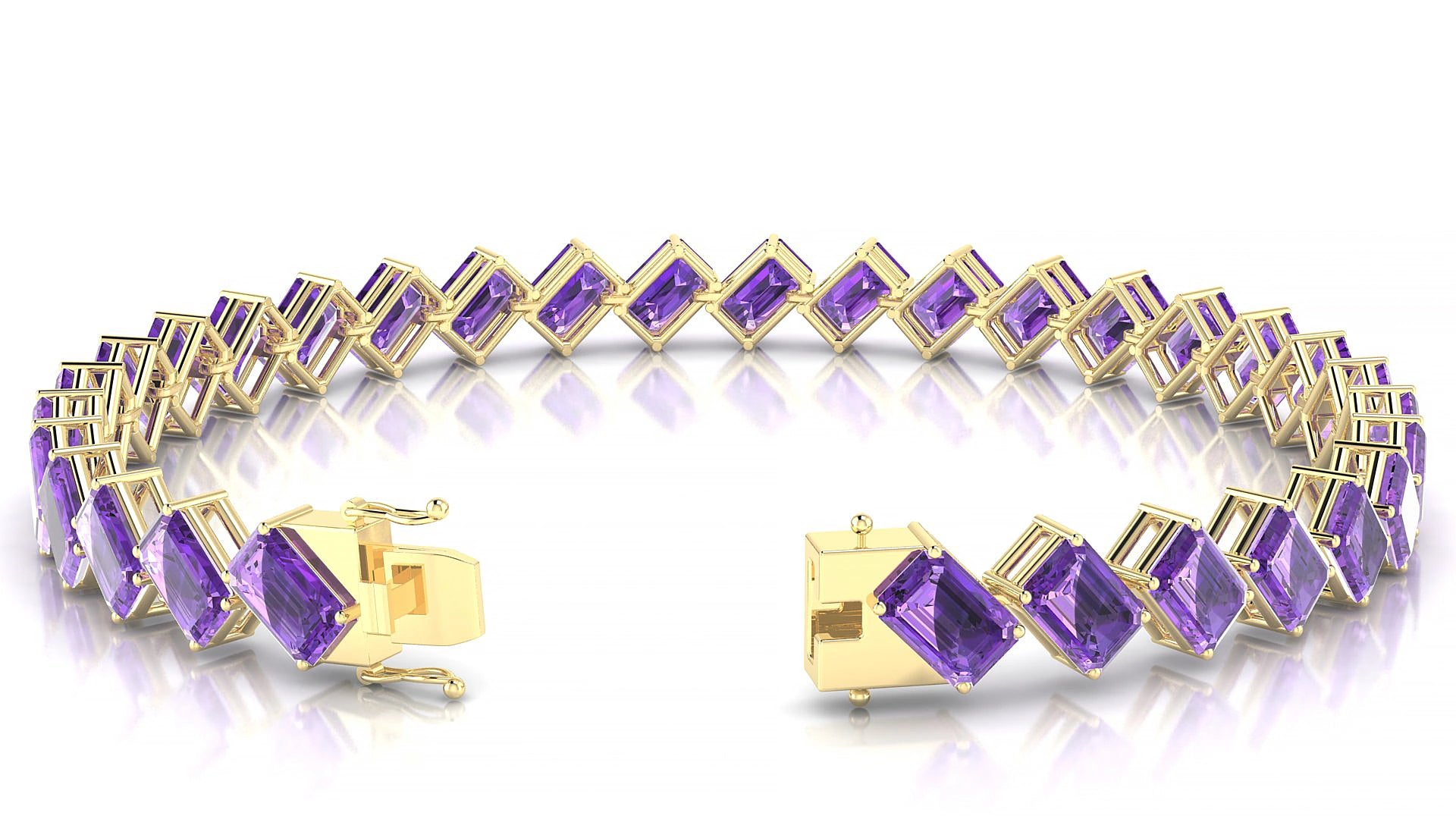 Bogotá | 18k Yellow Gold 6 x 4 mm Emerald Natural Amethyst 17 cm Tennis Bracelet