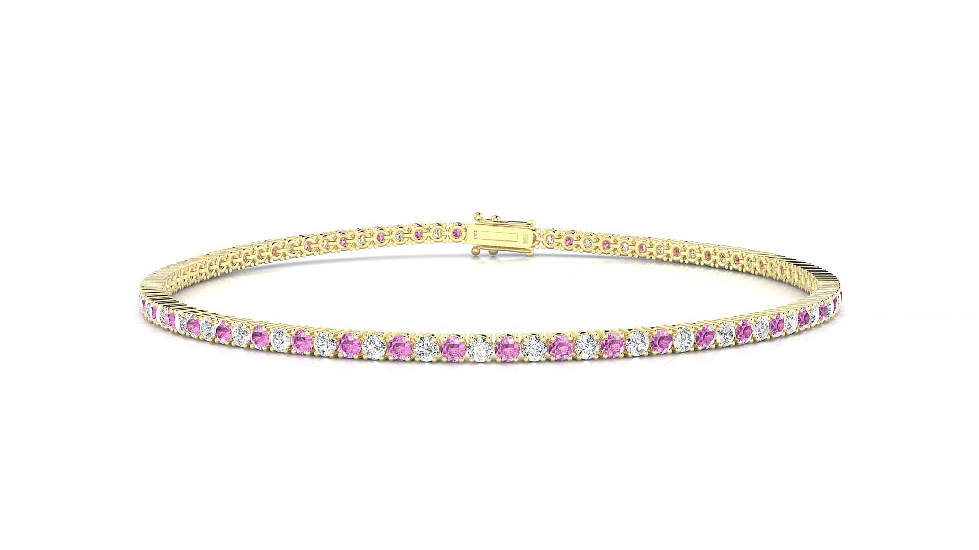 Capri 1-1 | 18k Yellow Gold 1.7 mm Round Natural Pink Sapphire & Diamond 19 cm Tennis Bracelet