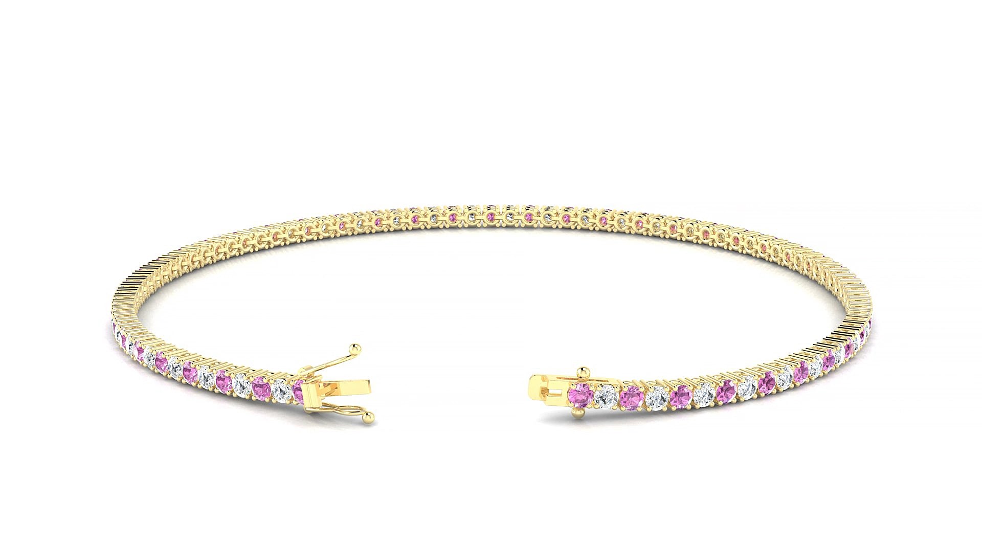 Capri 1-1 | 18k Yellow Gold 1.7 mm Round Natural Pink Sapphire & Diamond 19 cm Tennis Bracelet
