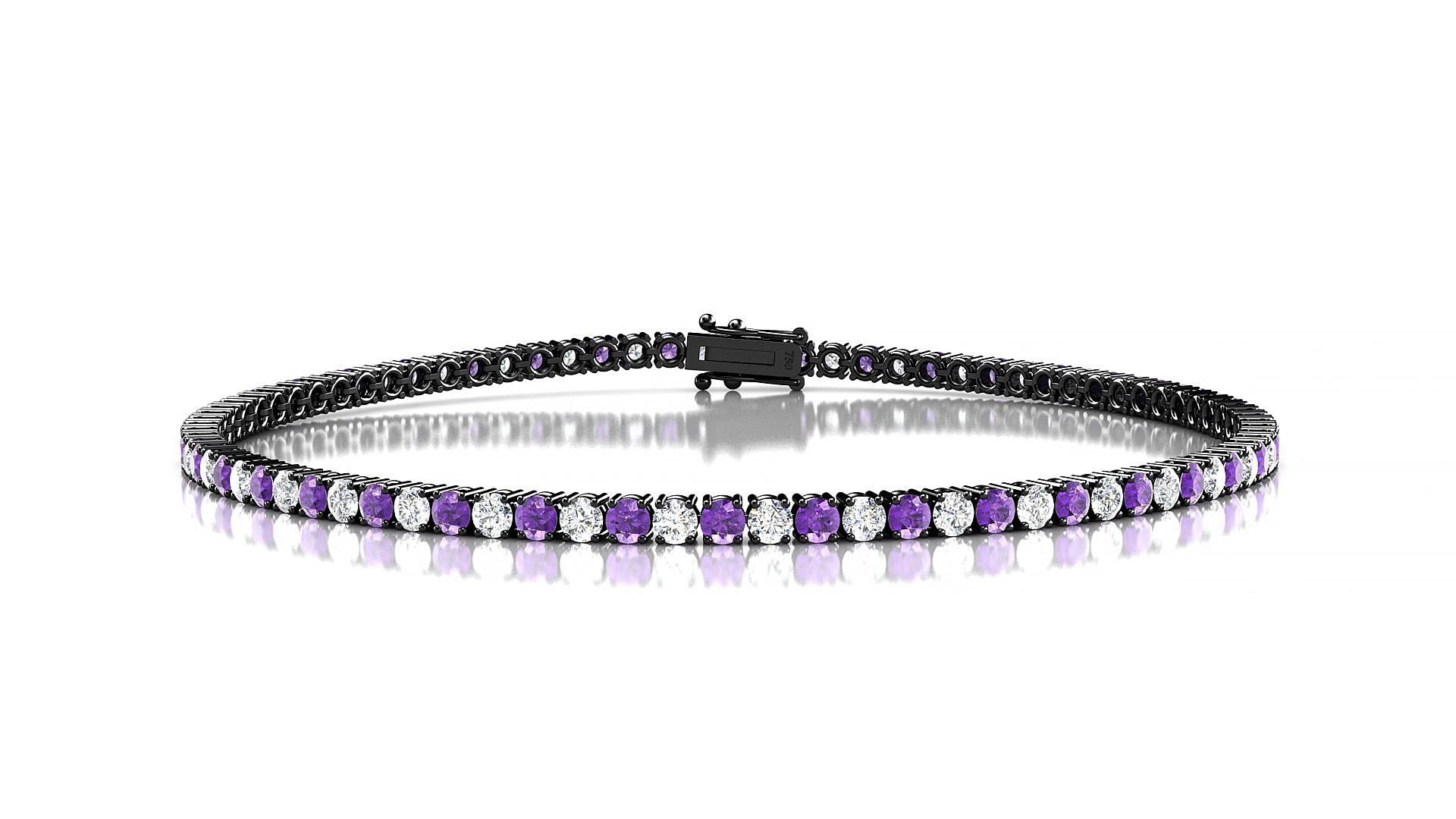 Capri 1-1 | 18k Black Gold 2 mm Round Natural Amethyst & Diamond 15 cm Tennis Bracelet