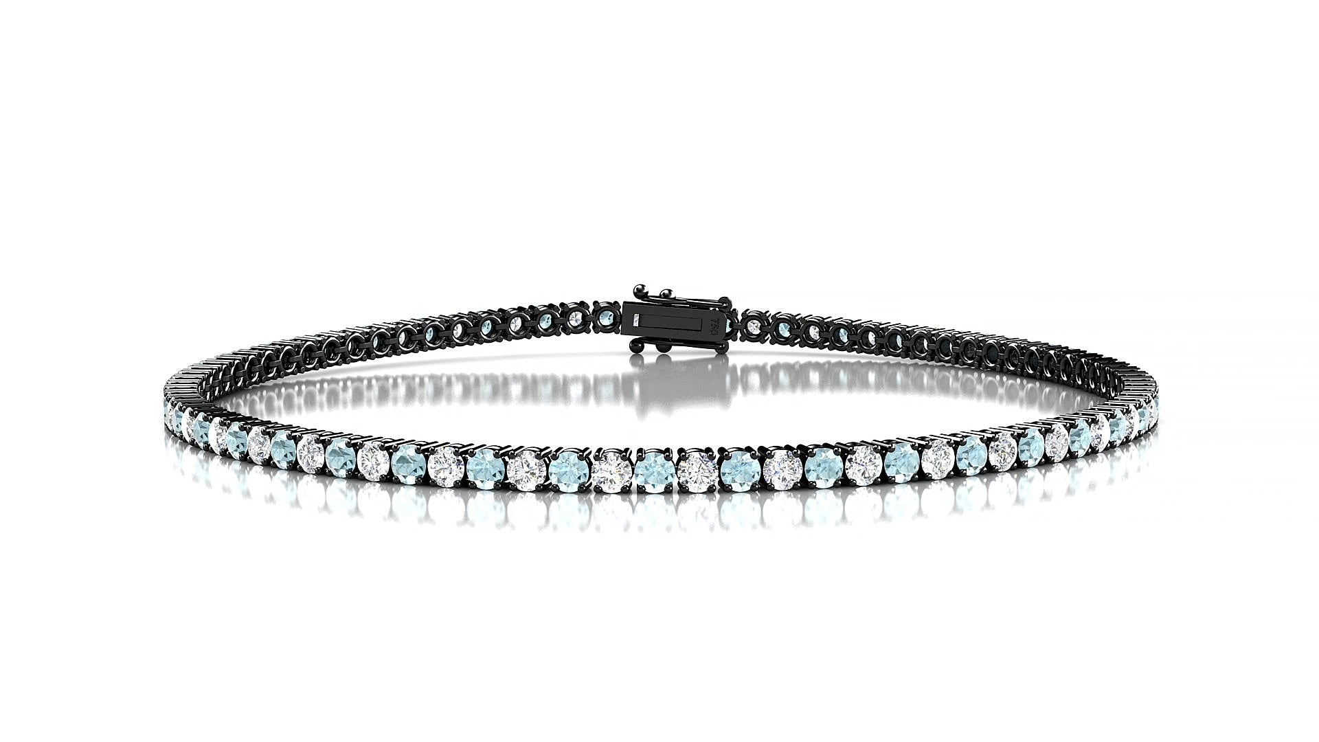 Capri 1-1 | 18k Black Gold 2 mm Round Natural Aquamarine & Diamond 15 cm Tennis Bracelet