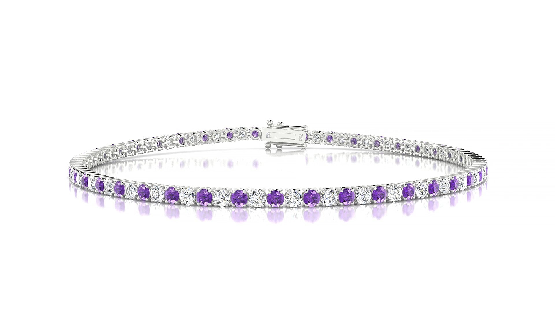 Capri 1-1 | 18k White Gold 2 mm Round Natural Amethyst & Diamond 15 cm Tennis Bracelet
