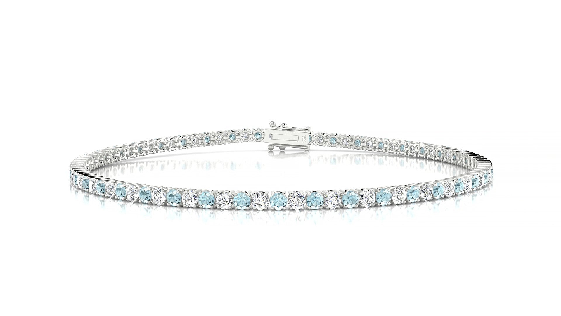 Capri 1-1 | 18k White Gold 2 mm Round Natural Aquamarine & Diamond 17 cm Tennis Bracelet