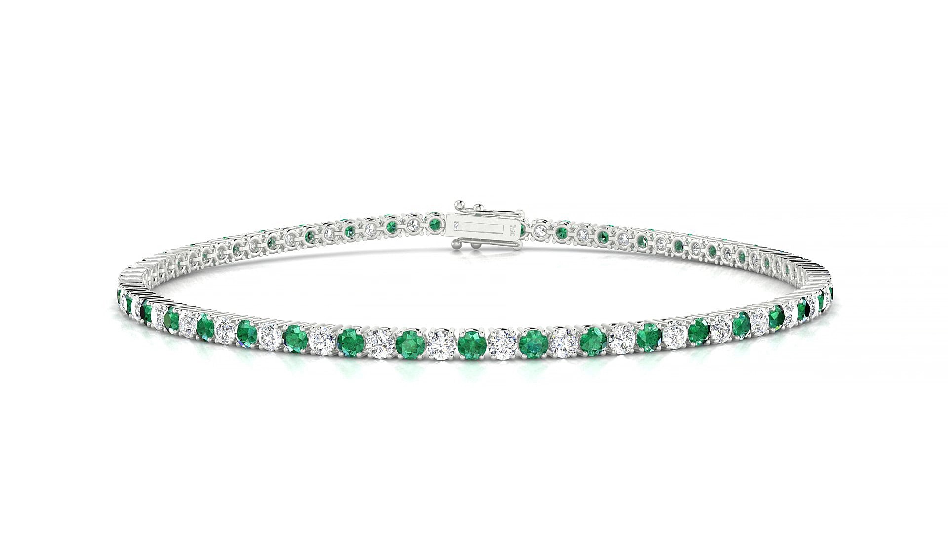 Capri 1-1 | 18k White Gold 2 mm Round Natural Emerald & Diamond 18 cm Tennis Bracelet