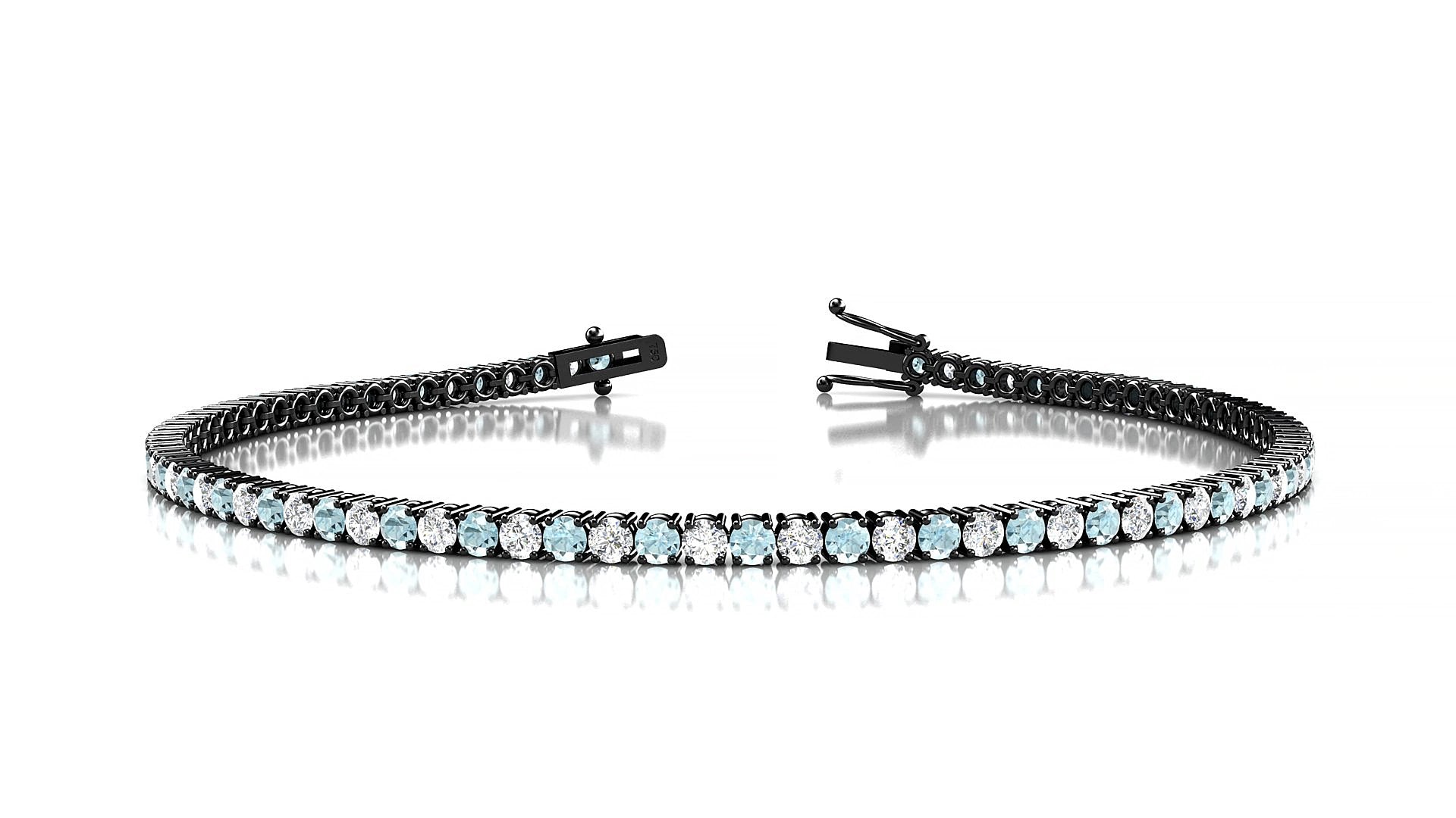 Capri 1-1 | 18k Black Gold 2 mm Round Natural Aquamarine & Diamond 15 cm Tennis Bracelet