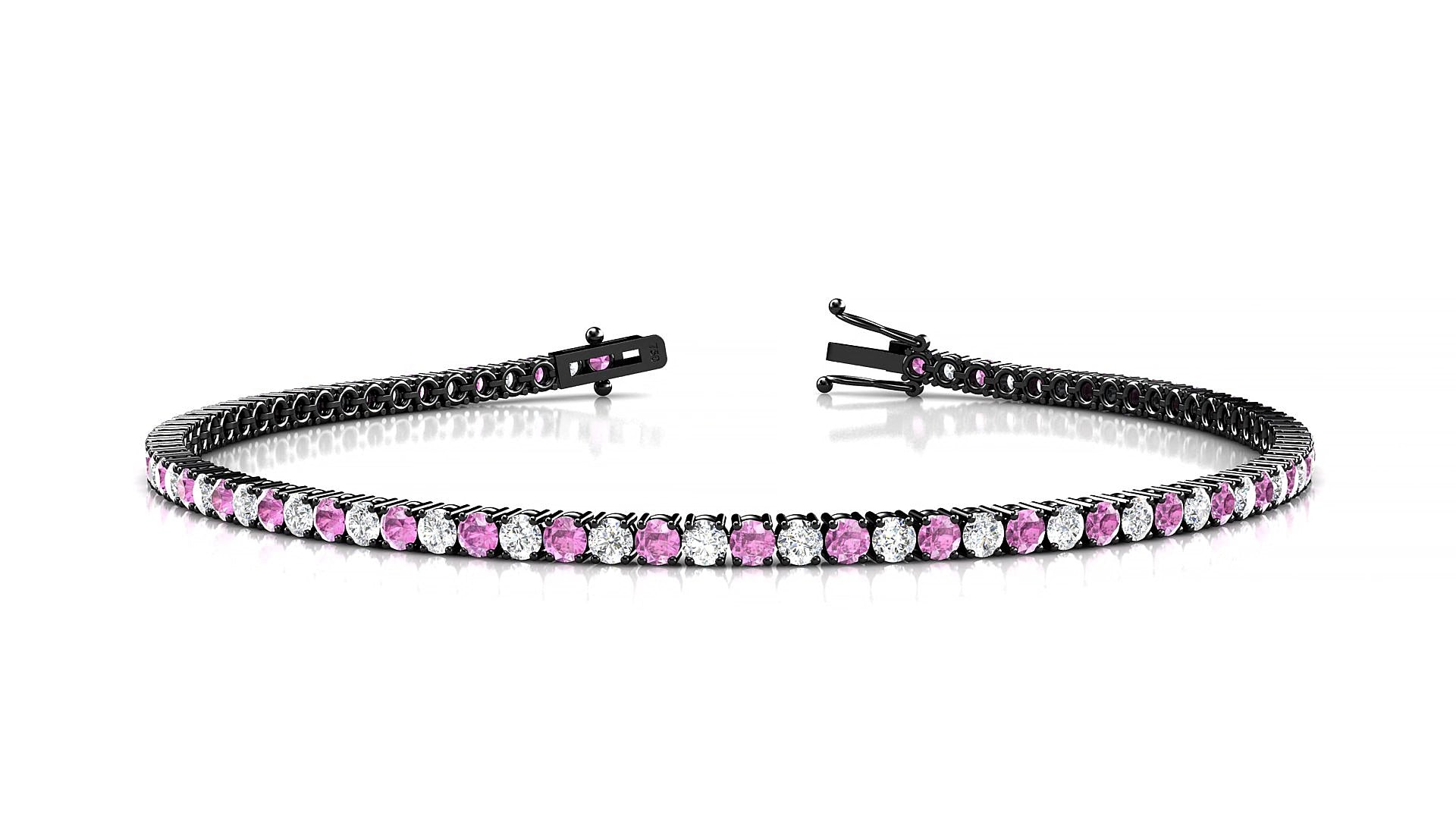 Capri 1-1 | 18k Black Gold 2 mm Round Natural Pink Sapphire & Diamond 17 cm Tennis Bracelet