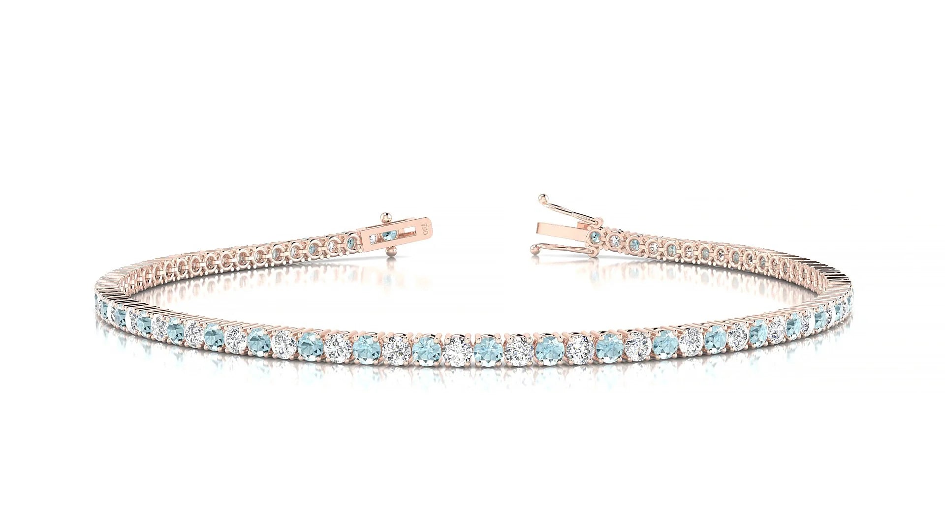 Capri 1-1 | 18k Rose Gold 2 mm Round Natural Aquamarine & Diamond Tennis Bracelet