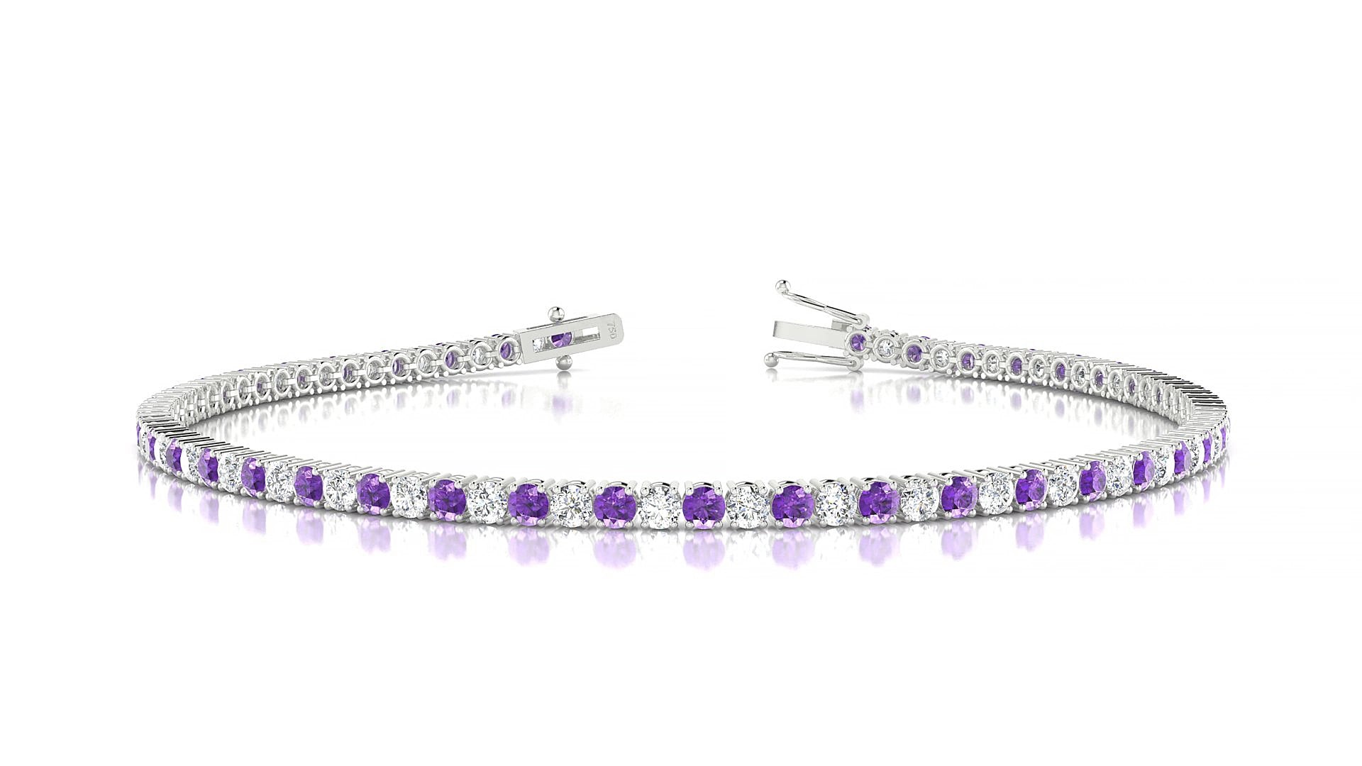 Capri 1-1 | 18k White Gold 2 mm Round Natural Amethyst & Diamond 15 cm Tennis Bracelet