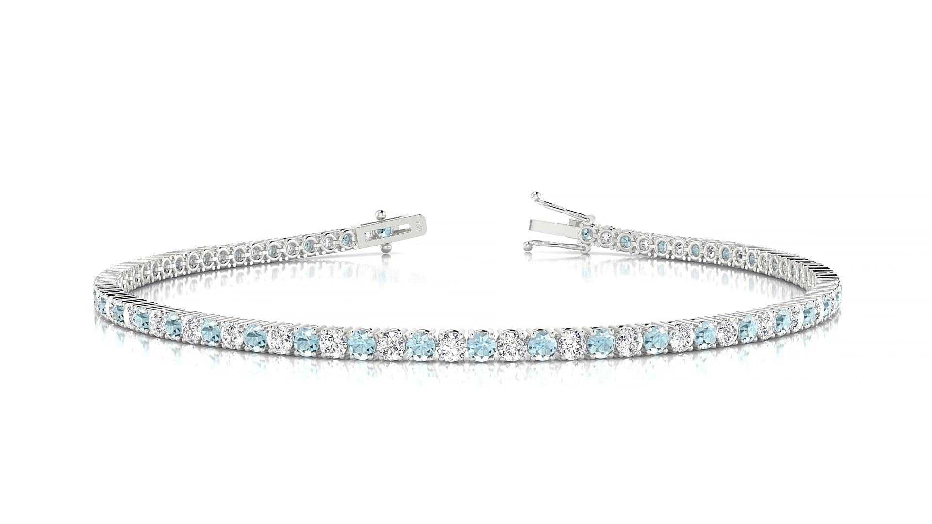 Capri 1-1 | 18k White Gold 2 mm Round Natural Aquamarine & Diamond 15 cm Tennis Bracelet