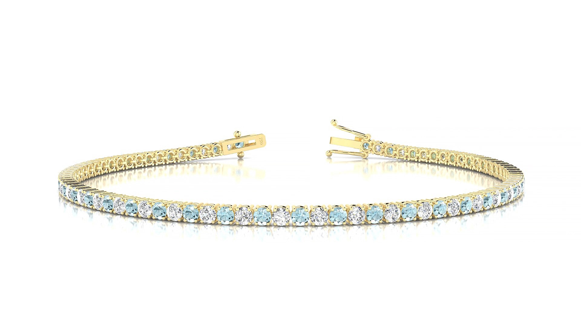Capri 1-1 | 18k Yellow Gold 2 mm Round Natural Aquamarine & Diamond 15 cm Tennis Bracelet
