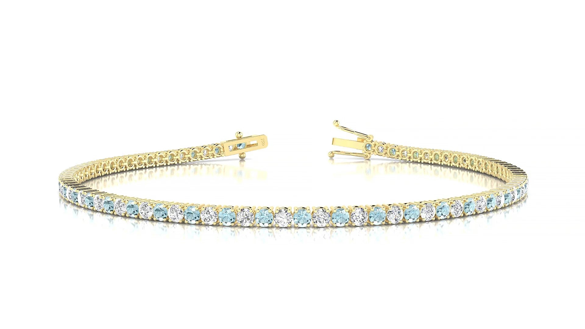 Capri 1-1 | 18k Yellow Gold 2 mm Round Natural Aquamarine & Diamond Tennis Bracelet