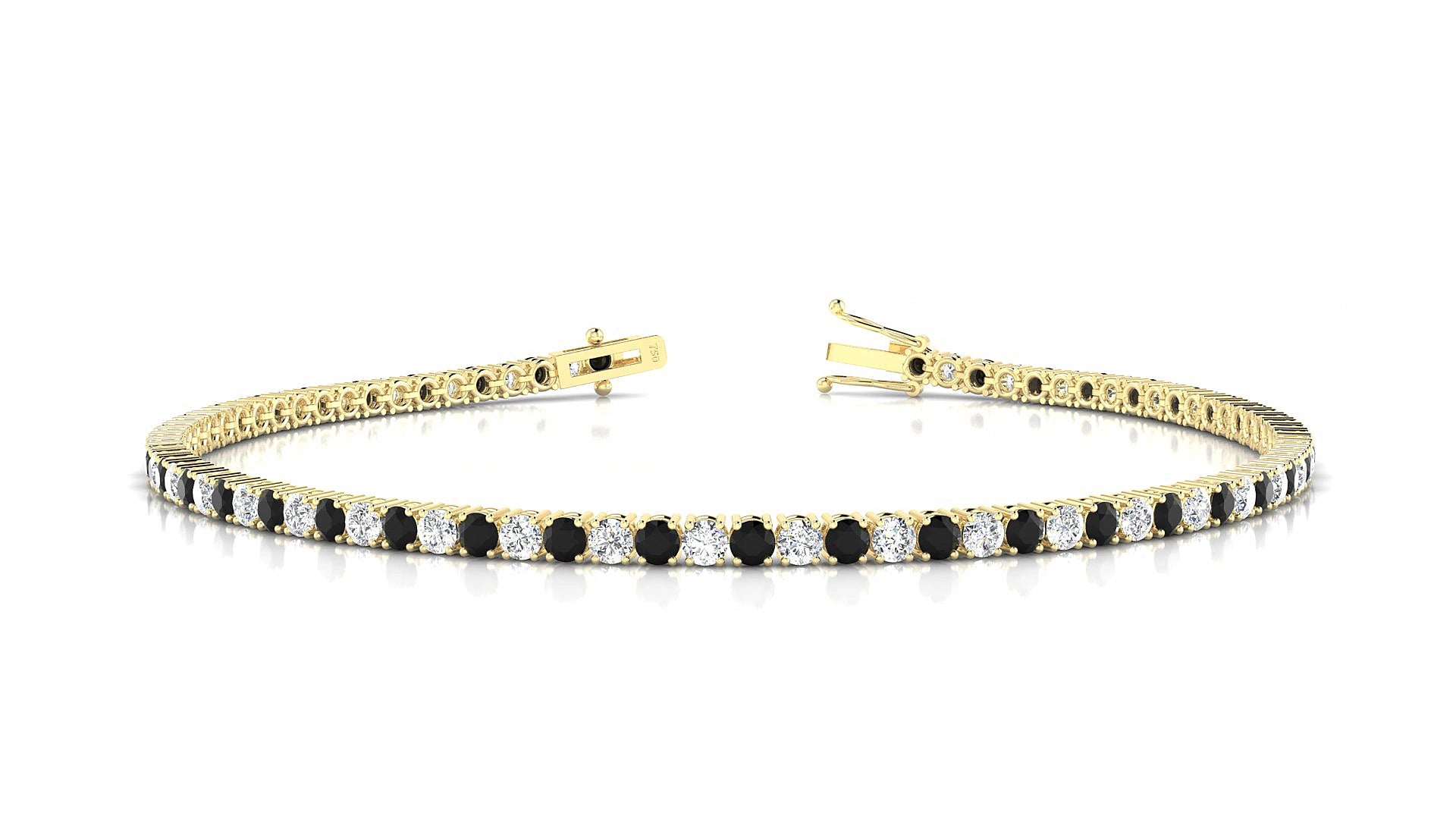 Capri 1-1 | 18k Yellow Gold 2 mm Round Natural Black Diamond & Diamond 15 cm Tennis Bracelet