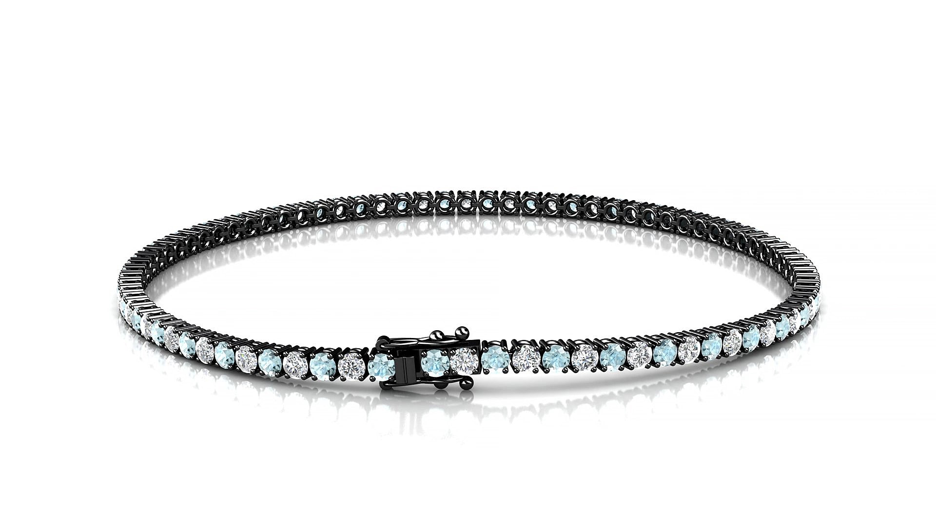 Capri 1-1 | 18k Black Gold 2 mm Round Natural Aquamarine & Diamond 15 cm Tennis Bracelet