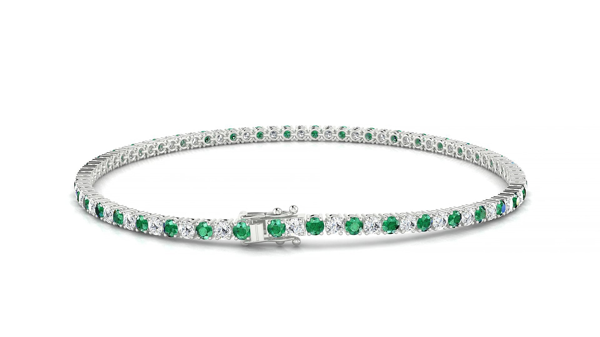 Capri 1-1 | 18k White Gold 2 mm Round Natural Emerald & Diamond 15 cm Tennis Bracelet