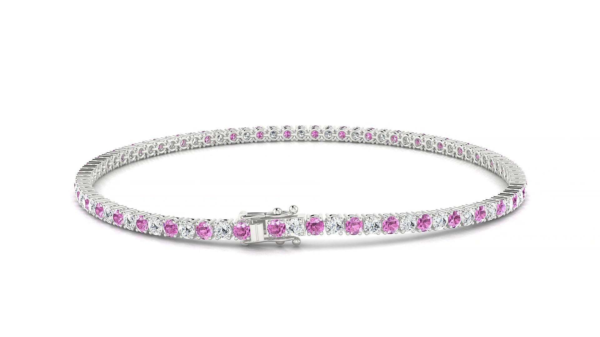 Capri 1-1 | 18k White Gold 2 mm Round Natural Pink Sapphire & Diamond 19 cm Tennis Bracelet