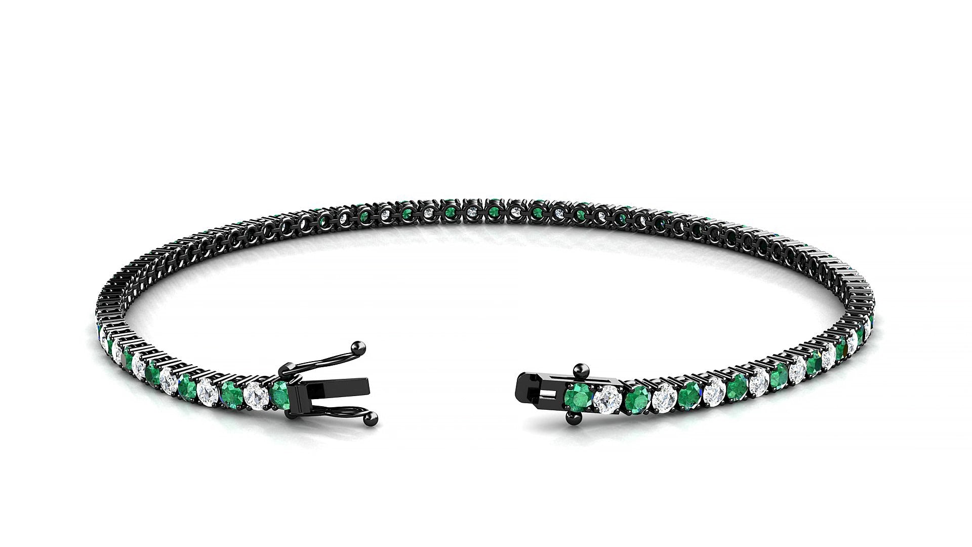 Capri 1-1 | 18k Black Gold 2 mm Round Natural Emerald & Diamond 19 cm Tennis Bracelet