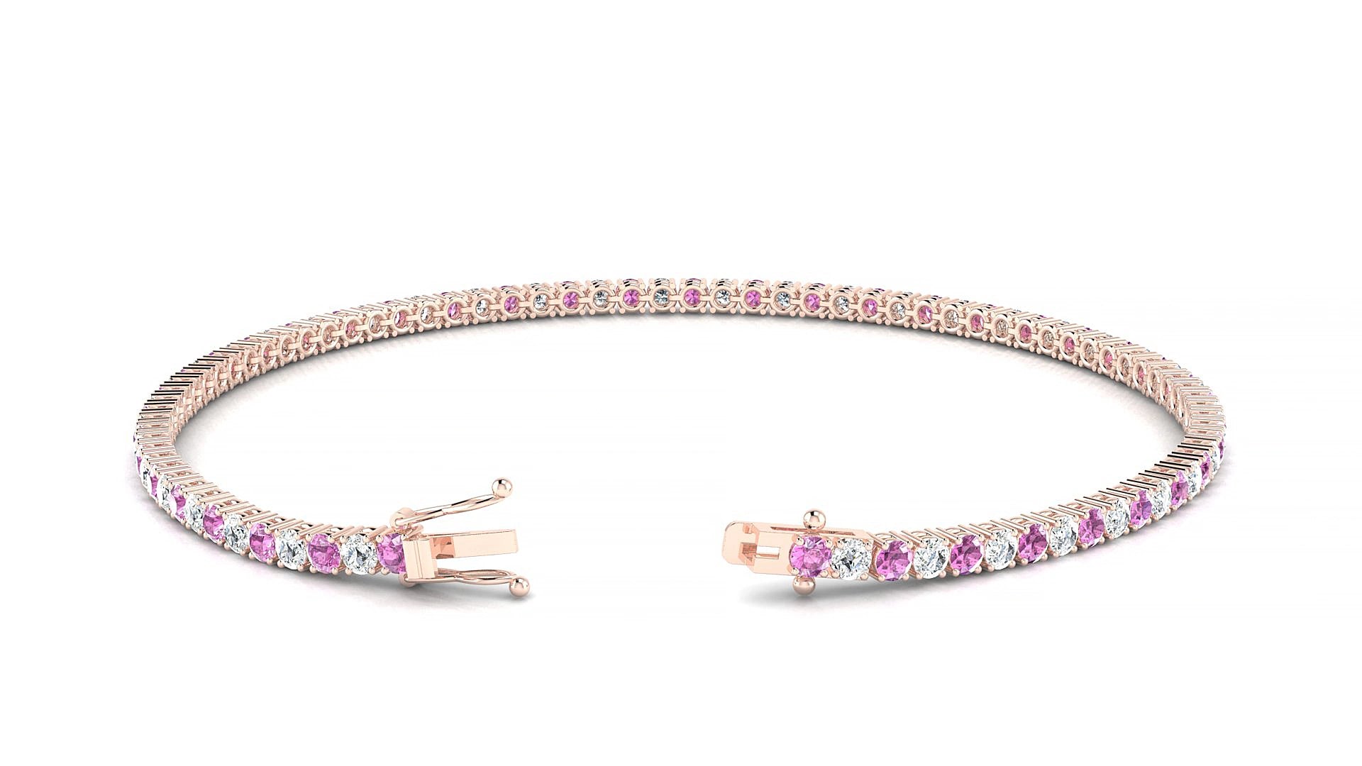Capri 1-1 | 18k Rose Gold 2 mm Round Natural Pink Sapphire & Diamond 17 cm Tennis Bracelet