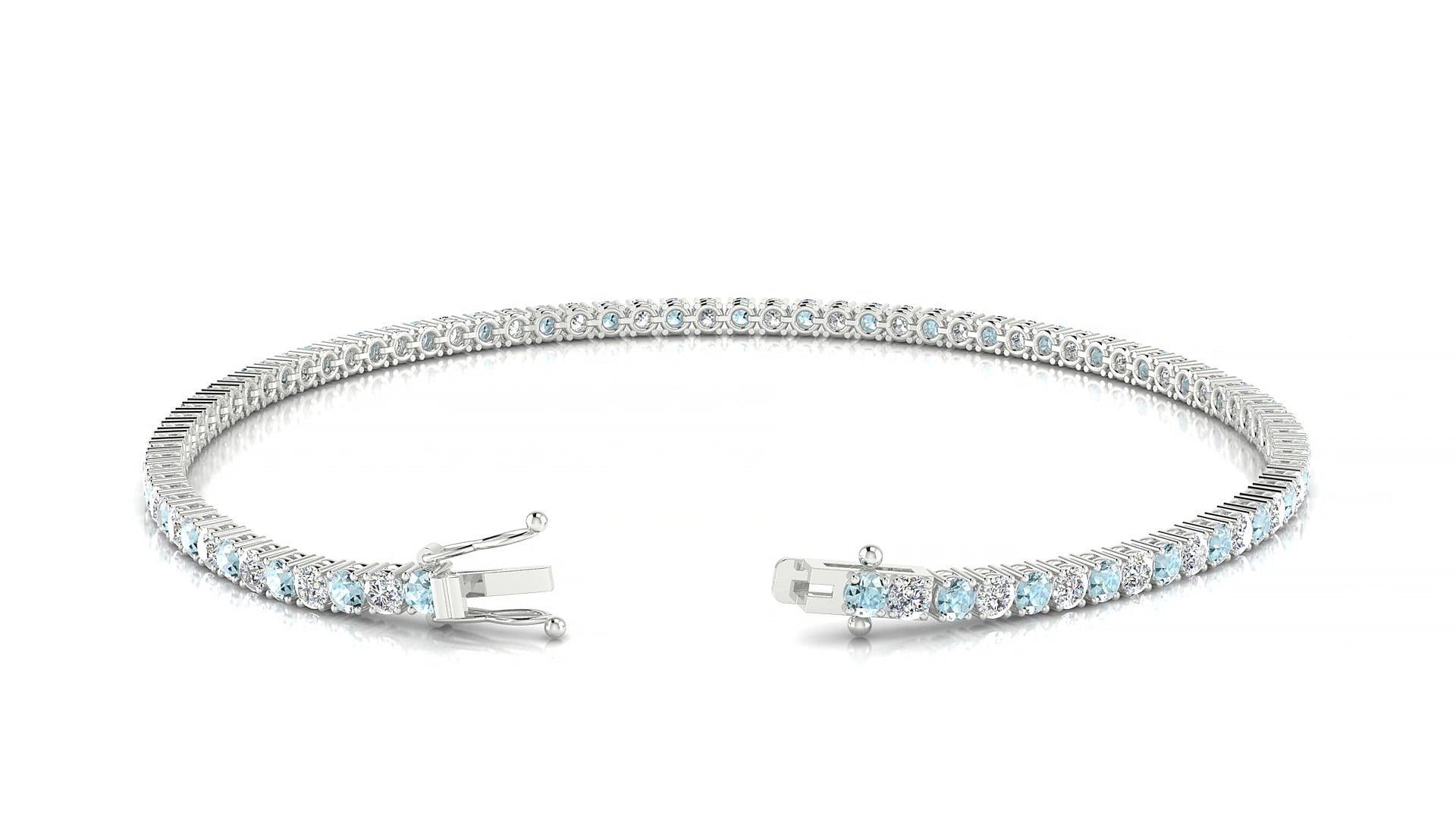 Capri 1-1 | 18k White Gold 2 mm Round Natural Aquamarine & Diamond 16 cm Tennis Bracelet