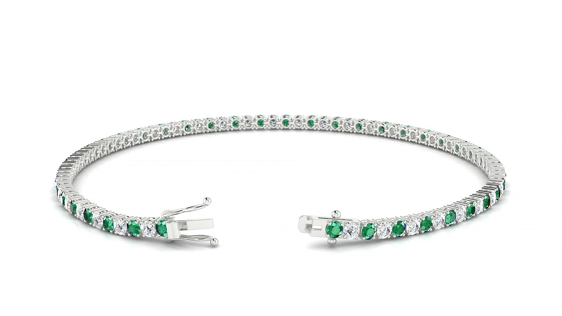 Capri 1-1 | 18k White Gold 2 mm Round Natural Emerald & Diamond 19 cm Tennis Bracelet