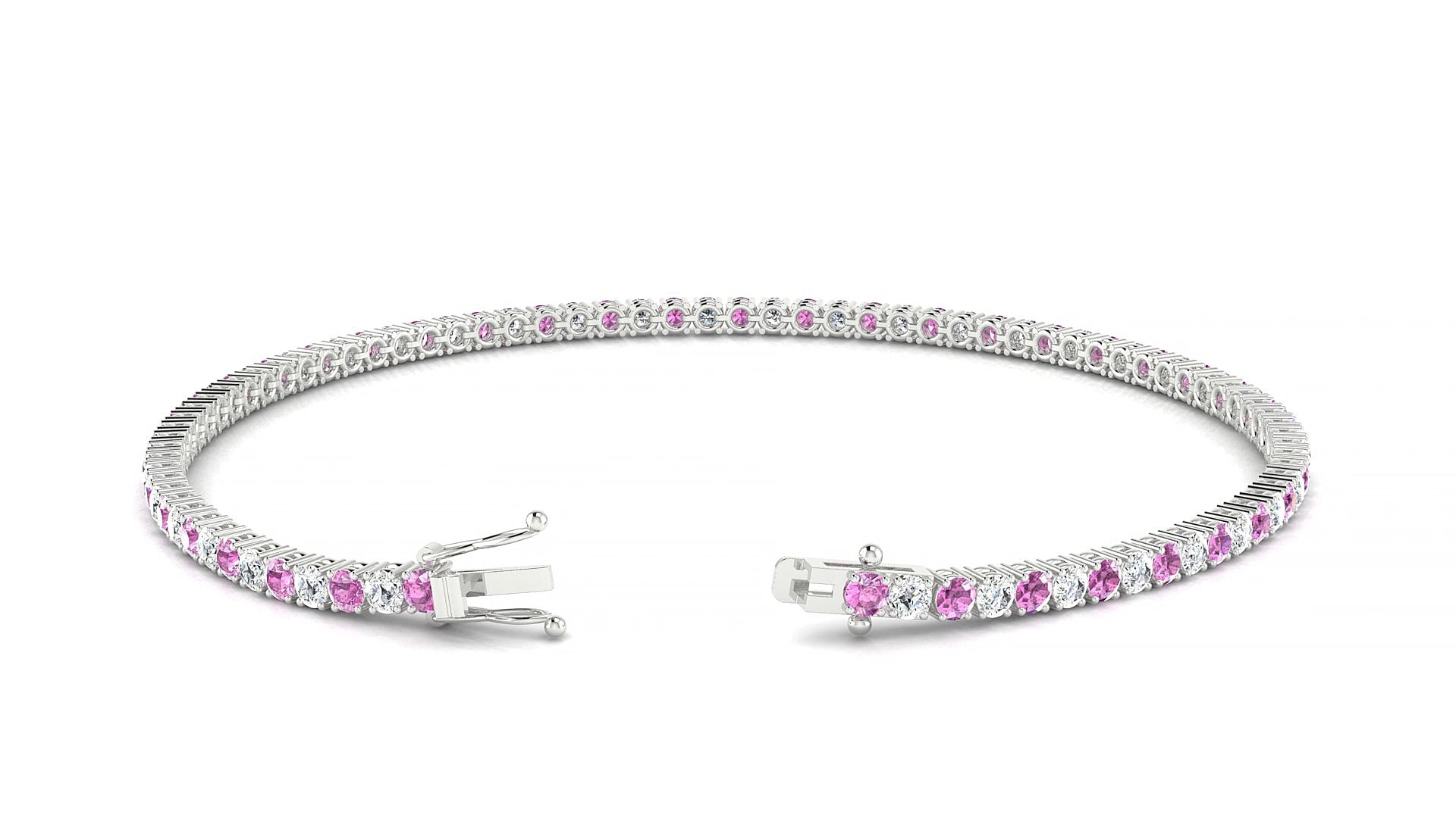 Capri 1-1 | 18k White Gold 2 mm Round Natural Pink Sapphire & Diamond 16 cm Tennis Bracelet