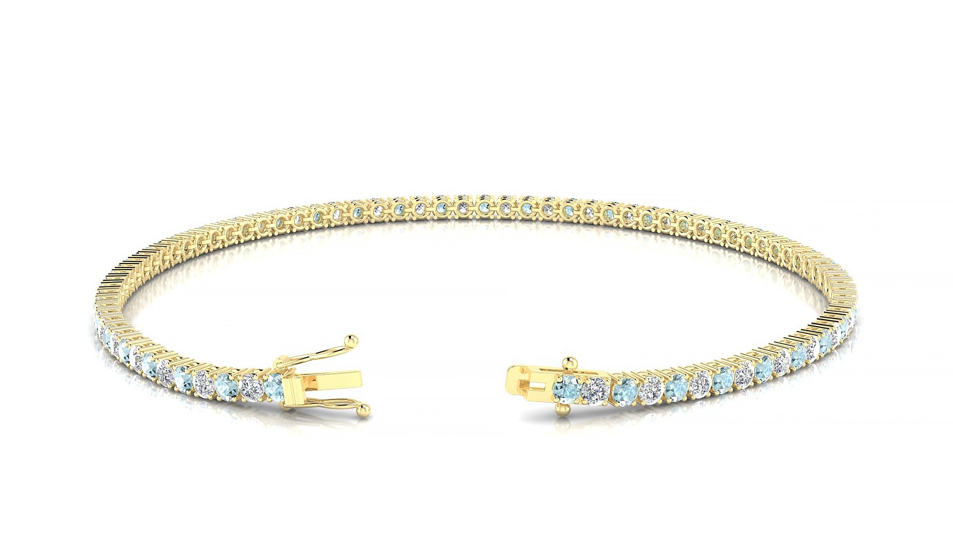 Capri 1-1 | 18k Yellow Gold 2 mm Round Natural Aquamarine & Diamond 15 cm Tennis Bracelet