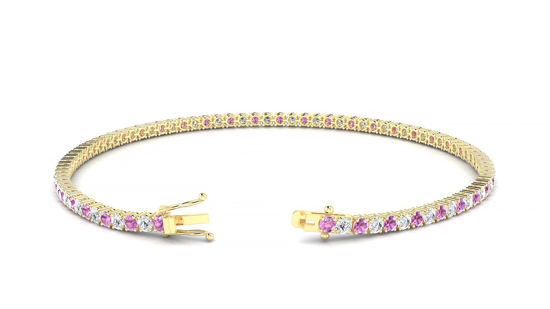 Capri 1-1 | 18k Yellow Gold 2 mm Round Natural Pink Sapphire & Diamond 18 cm Tennis Bracelet