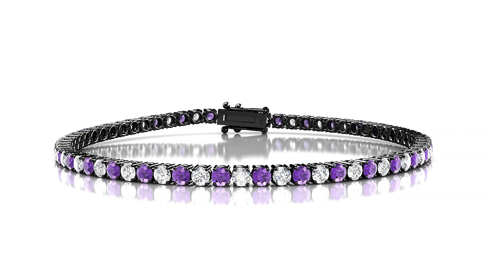 Capri 1-1 | 18k Black Gold 2.5 mm Round Natural Amethyst & Diamond 17 cm Tennis Bracelet
