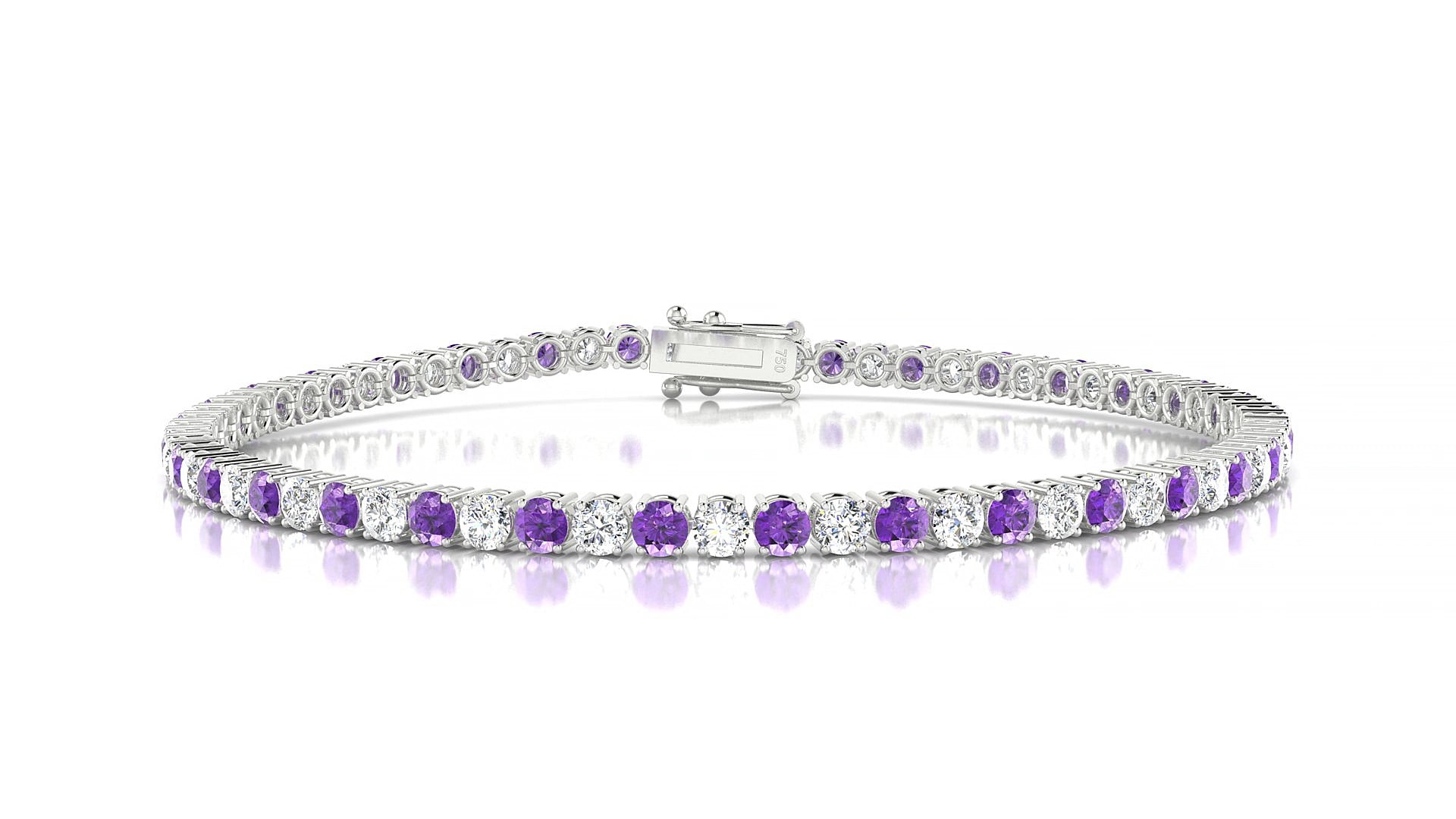 Capri 1-1 | 18k White Gold 2.5 mm Round Natural Amethyst & Diamond 16 cm Tennis Bracelet