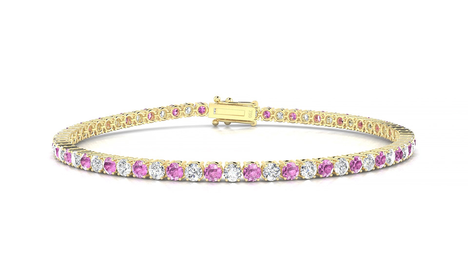 Capri 1-1 | 18k Yellow Gold 2.5 mm Round Natural Pink Sapphire & Diamond 19 cm Tennis Bracelet