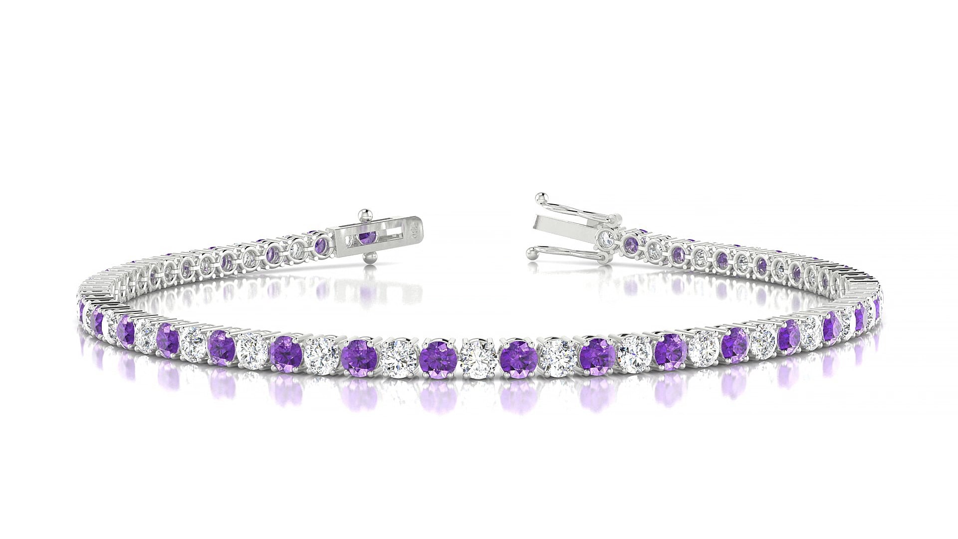 Capri 1-1 | 18k White Gold 2.5 mm Round Natural Amethyst & Diamond 15 cm Tennis Bracelet