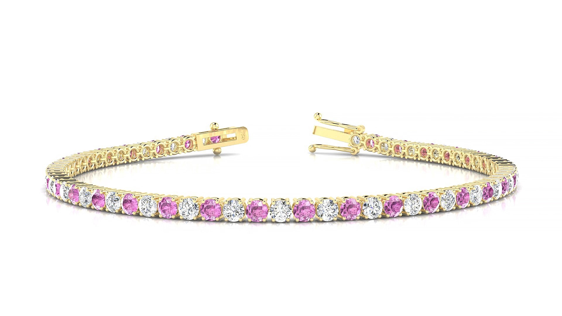 Capri 1-1 | 18k Yellow Gold 2.5 mm Round Natural Pink Sapphire & Diamond 17 cm Tennis Bracelet
