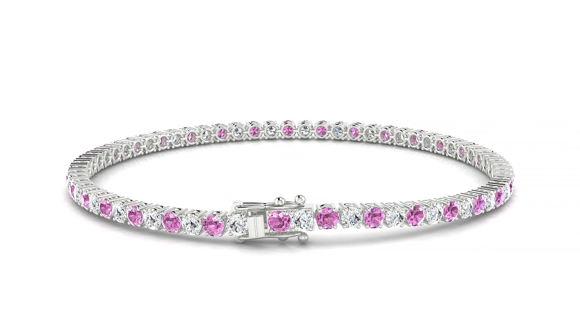 Capri 1-1 | 18k White Gold 2.5 mm Round Natural Pink Sapphire & Diamond 19 cm Tennis Bracelet