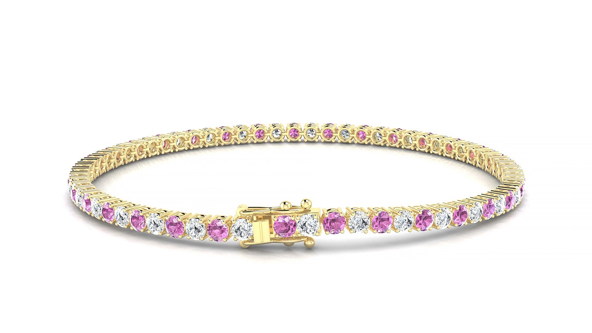 Capri 1-1 | 18k Yellow Gold 2.5 mm Round Natural Pink Sapphire & Diamond 18 cm Tennis Bracelet