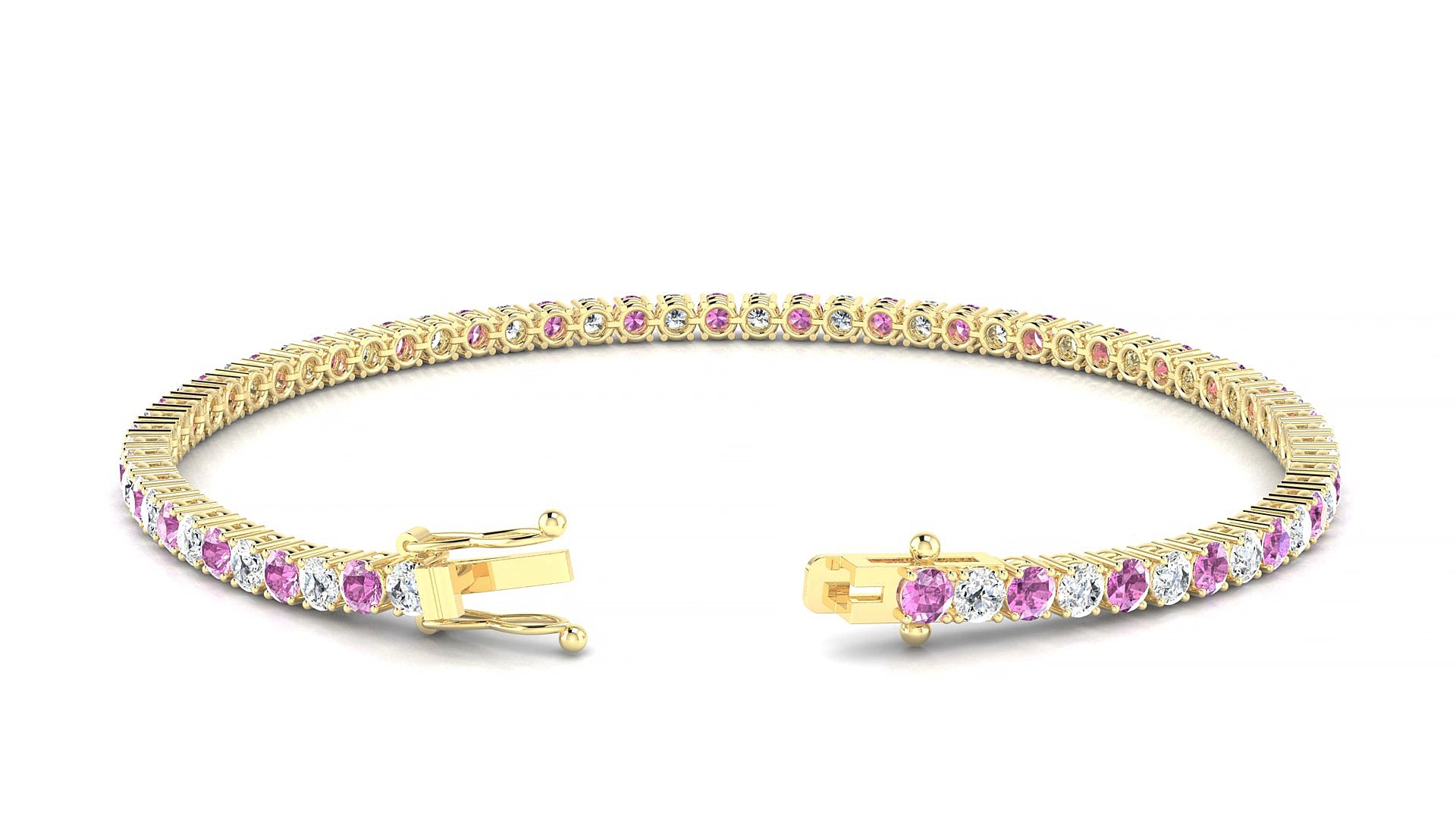 Capri 1-1 | 18k Yellow Gold 2.5 mm Round Natural Pink Sapphire & Diamond 15 cm Tennis Bracelet