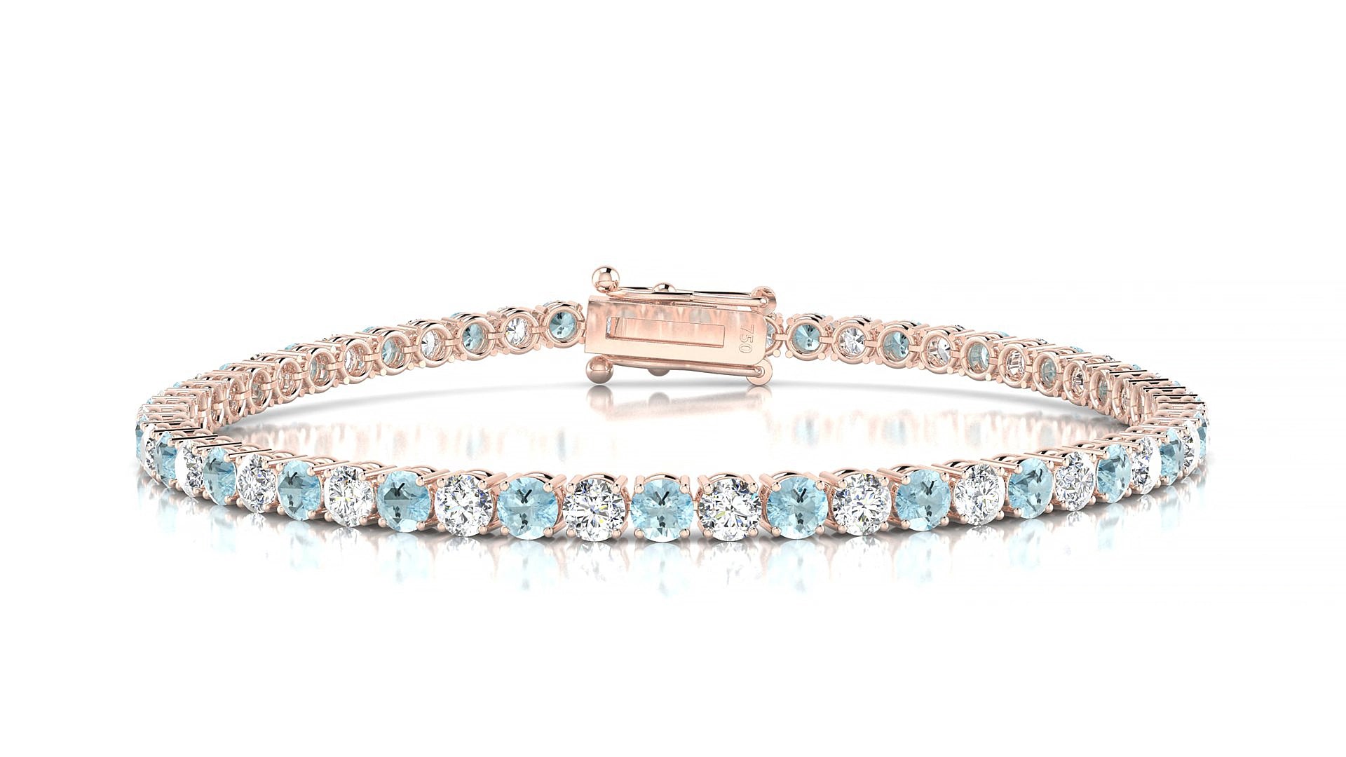 Capri 1-1 | 18k Rose Gold 3 mm Round Natural Aquamarine & Diamond 15 cm Tennis Bracelet