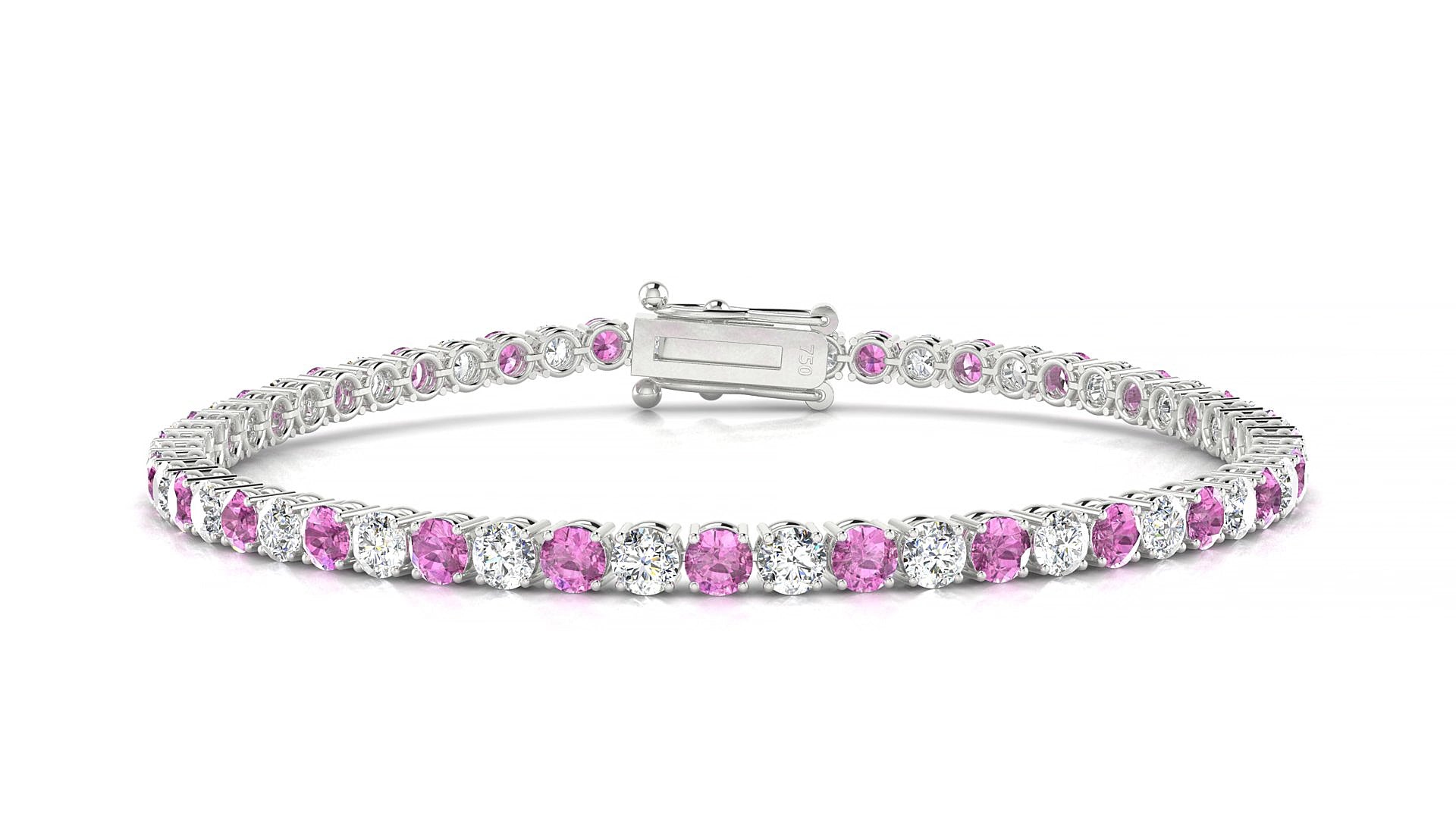 Capri 1-1 | 18k White Gold 3 mm Round Natural Pink Sapphire & Diamond 15 cm Tennis Bracelet
