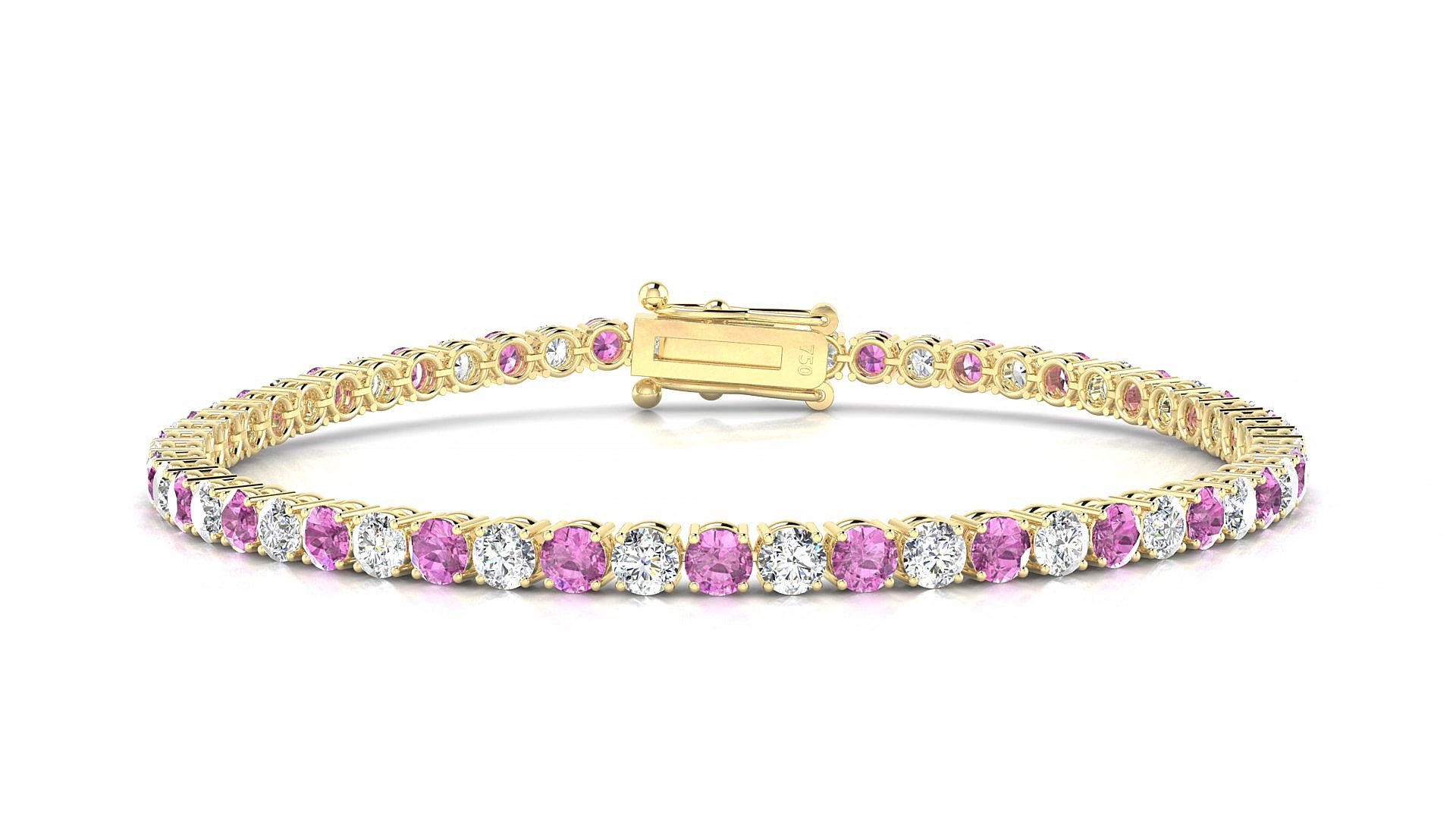 Capri 1-1 | 18k Yellow Gold 3 mm Round Natural Pink Sapphire & Diamond 19 cm Tennis Bracelet