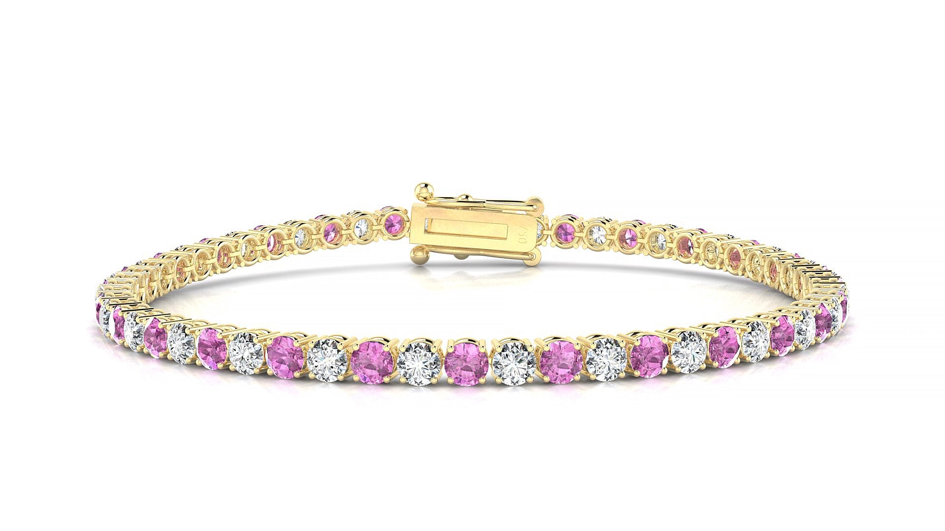 Capri 1-1 | 18k Yellow Gold 3 mm Round Natural Pink Sapphire & Diamond Tennis Bracelet
