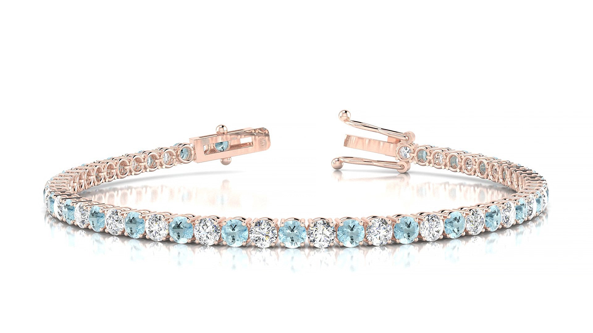 Capri 1-1 | 18k Rose Gold 3 mm Round Natural Aquamarine & Diamond 15 cm Tennis Bracelet