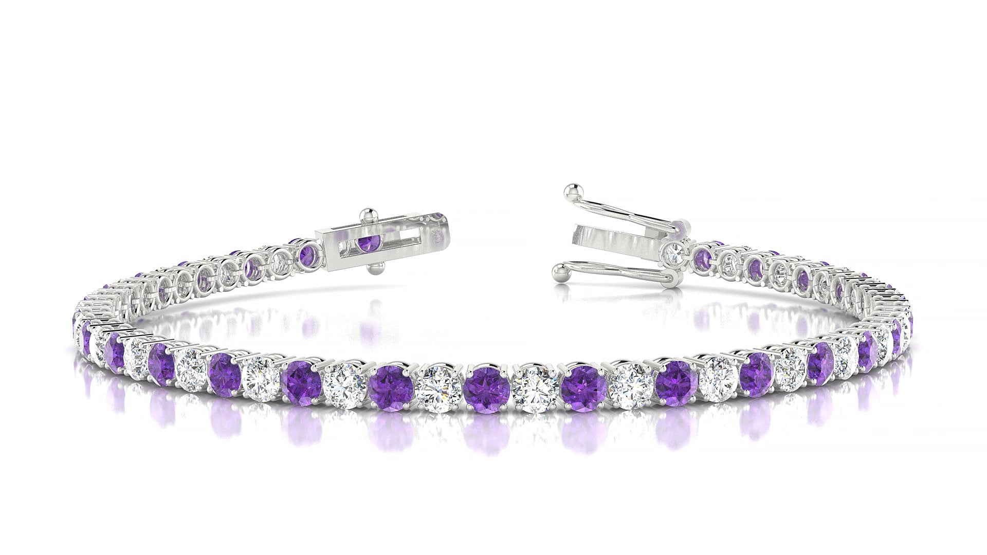 Capri 1-1 | 18k White Gold 3 mm Round Natural Amethyst & Diamond 18 cm Tennis Bracelet