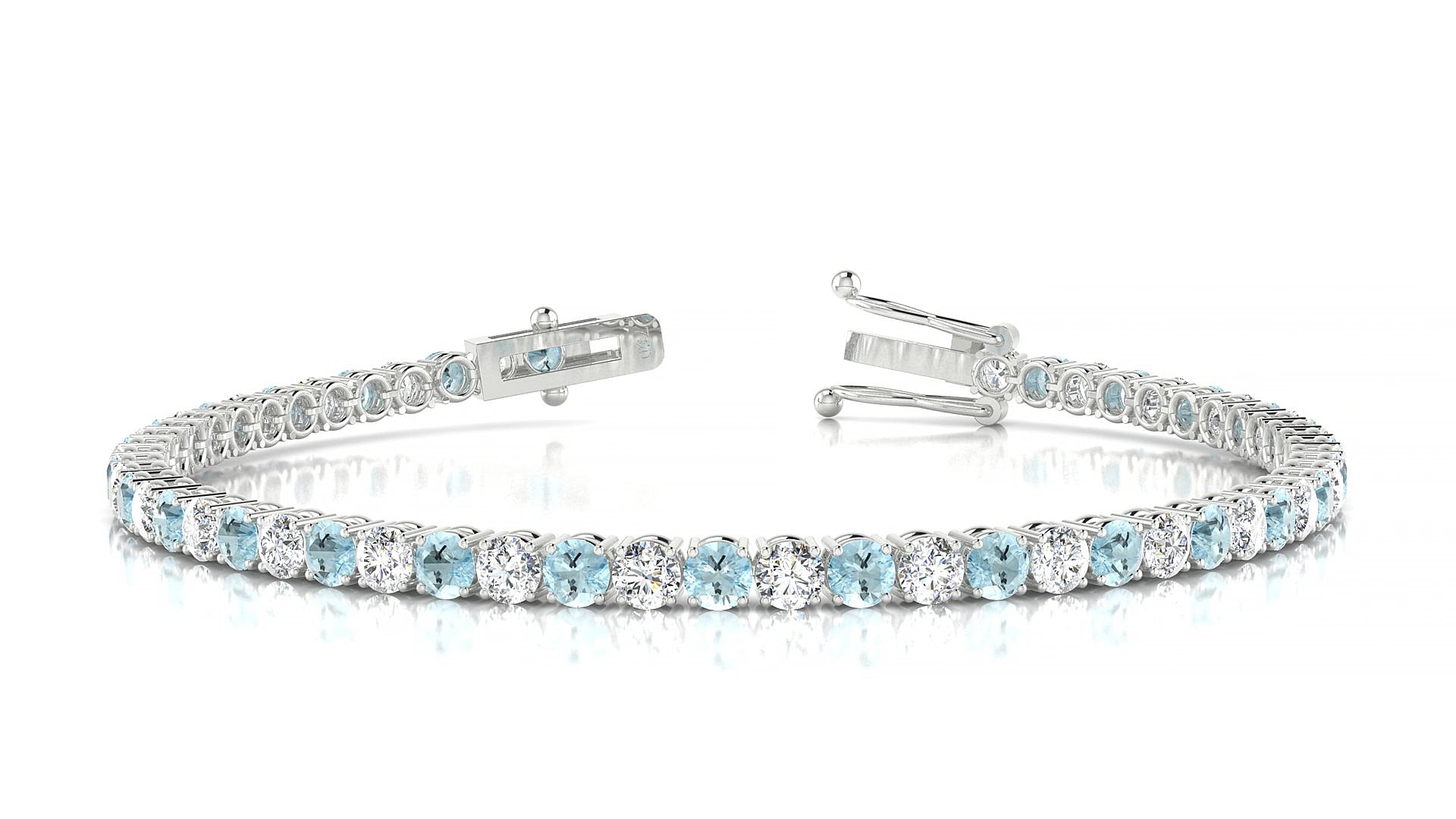 Capri 1-1 | 18k White Gold 3 mm Round Natural Aquamarine & Diamond 19 cm Tennis Bracelet