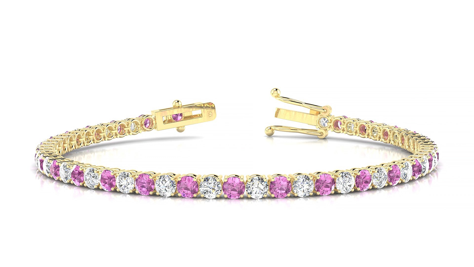 Capri 1-1 | 18k Yellow Gold 3 mm Round Natural Pink Sapphire & Diamond 16 cm Tennis Bracelet