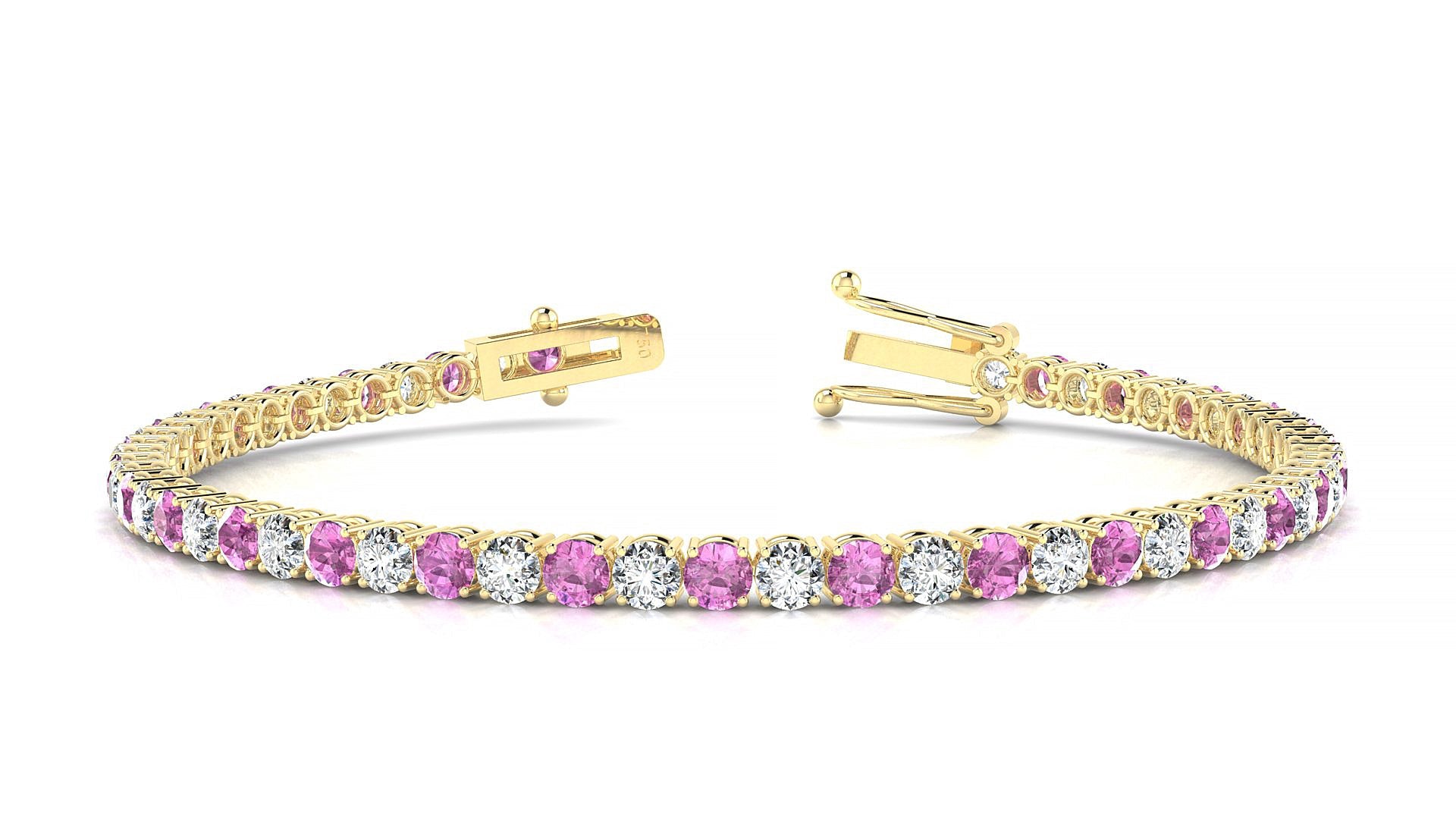 Capri 1-1 | 18k Yellow Gold 3 mm Round Natural Pink Sapphire & Diamond Tennis Bracelet