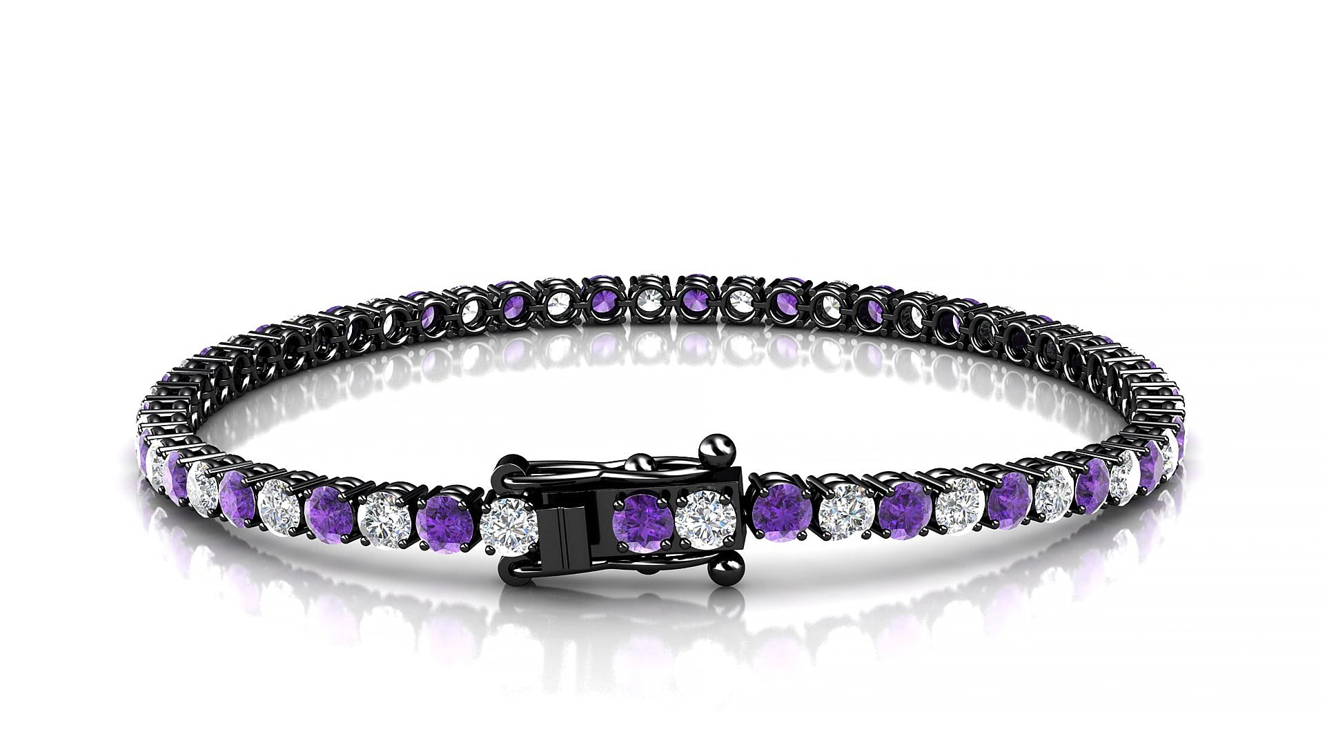 Capri 1-1 | 18k Black Gold 3 mm Round Natural Amethyst & Diamond 18 cm Tennis Bracelet